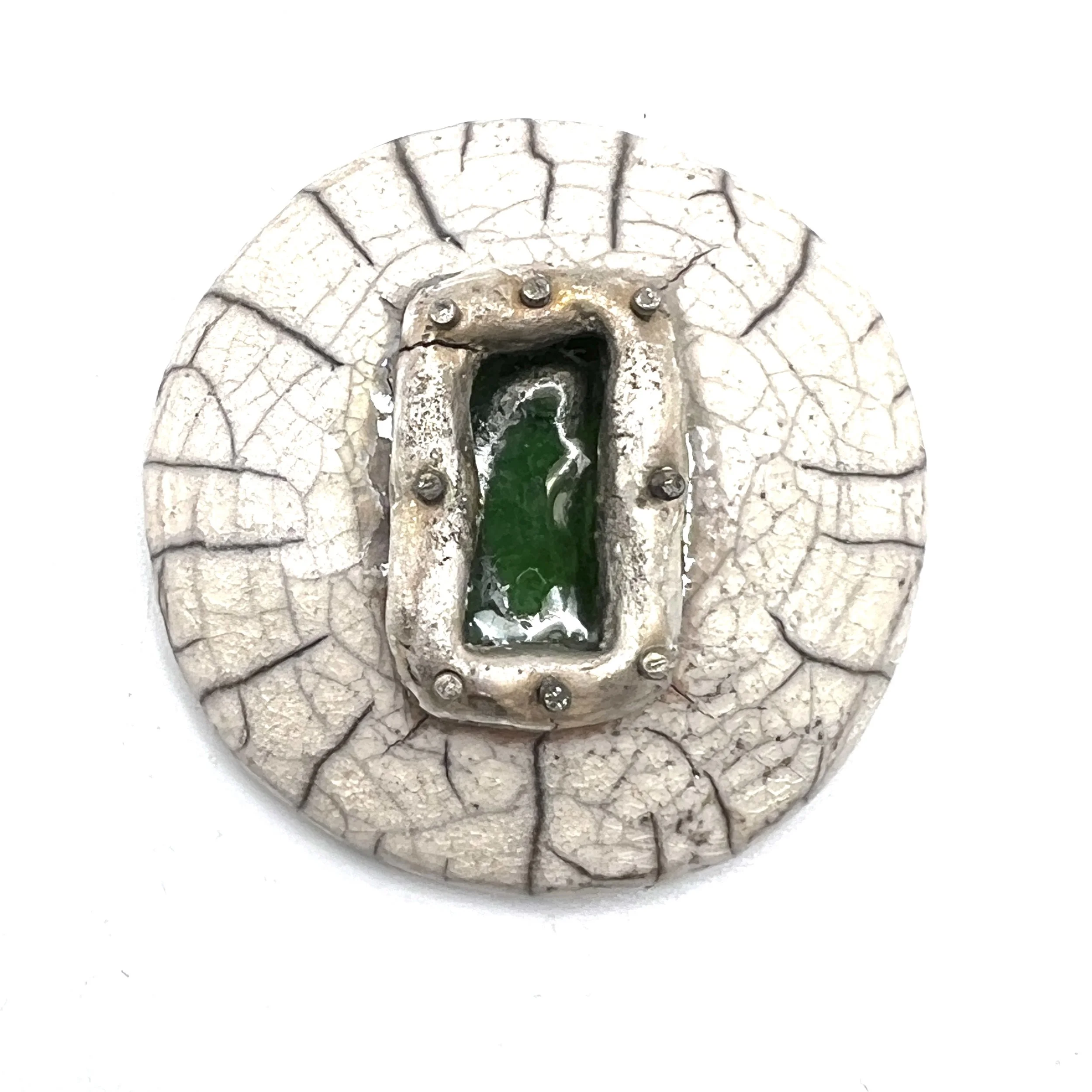 White Crackle Green Rectangle Silver Raku Cabochon Jewelry Supply Handmade by MAKUstudio