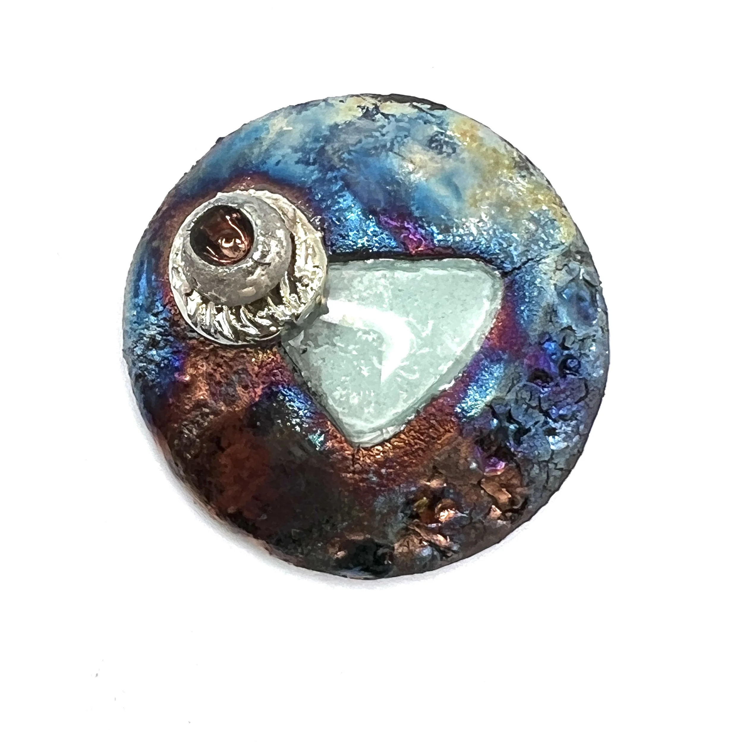 Large Aqua Triangle with Pod Raku Cabochon Jewelry Supply Handmade by MAKUstudio