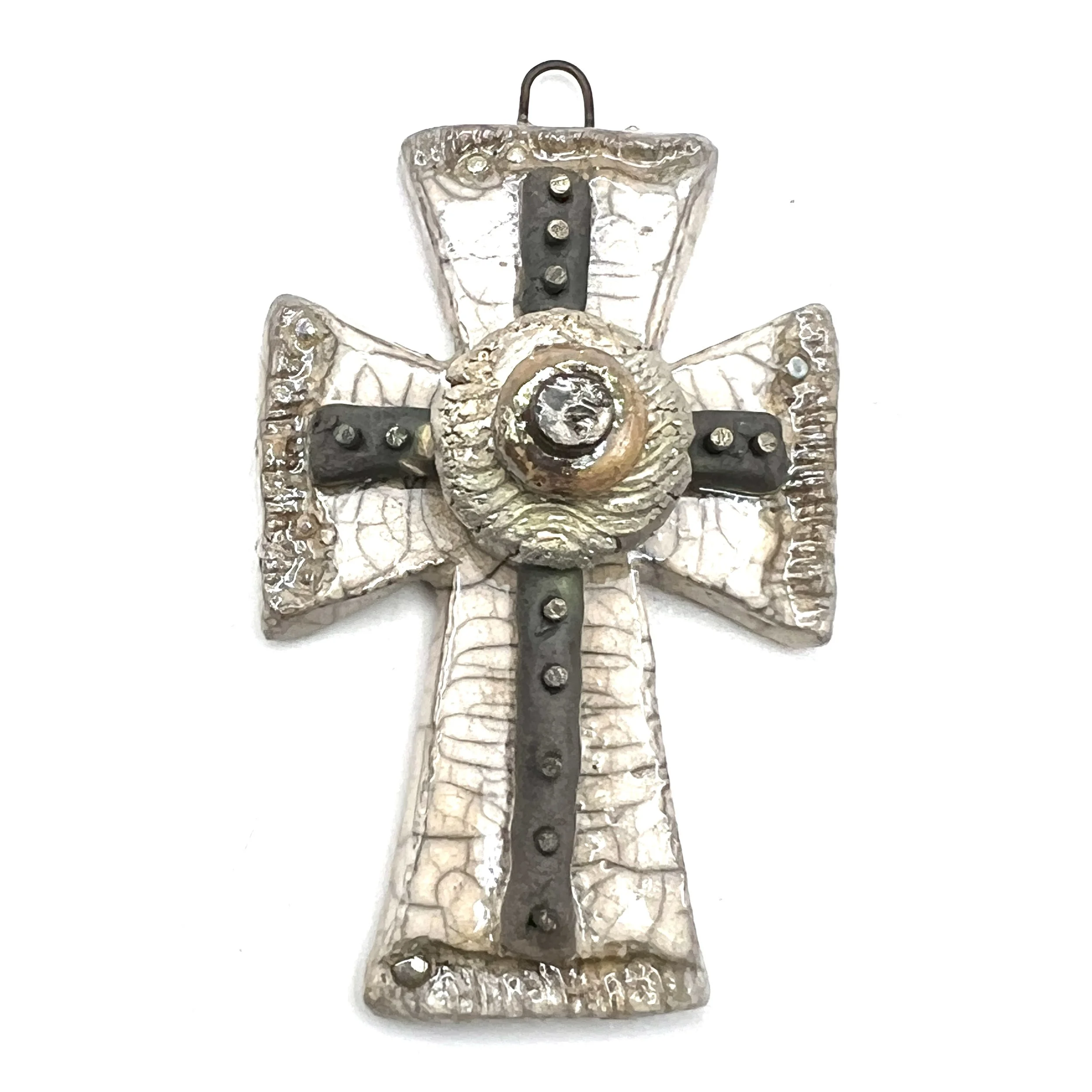 White Crackle and Silver Raku Cross Ceramic Pendant Raku Jewelry Supply Handmade by  MAKUstudio