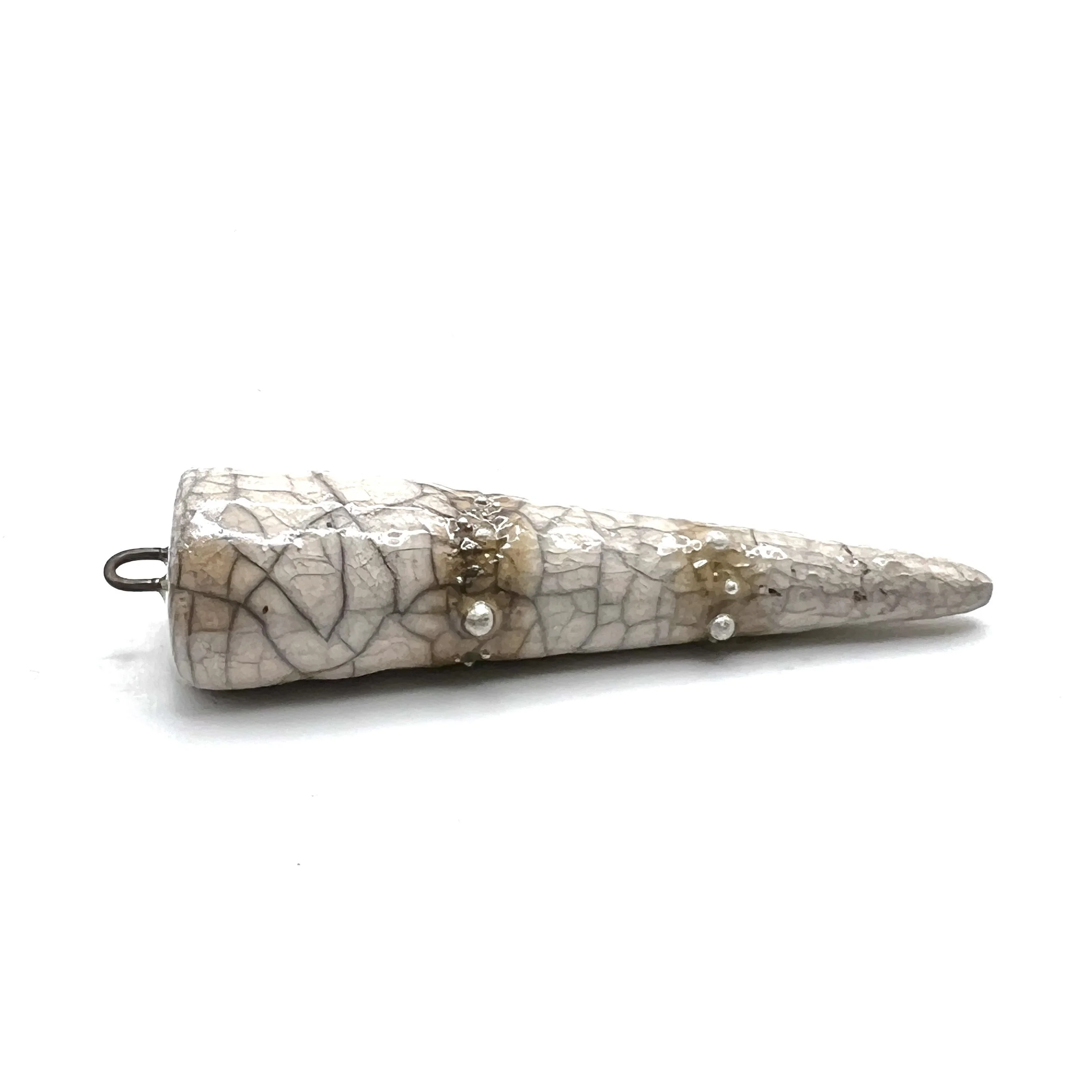 White Crackle and Silver Raku Spike Pendant Ceramic Jewelry Supply Handmade by MAKUstudio