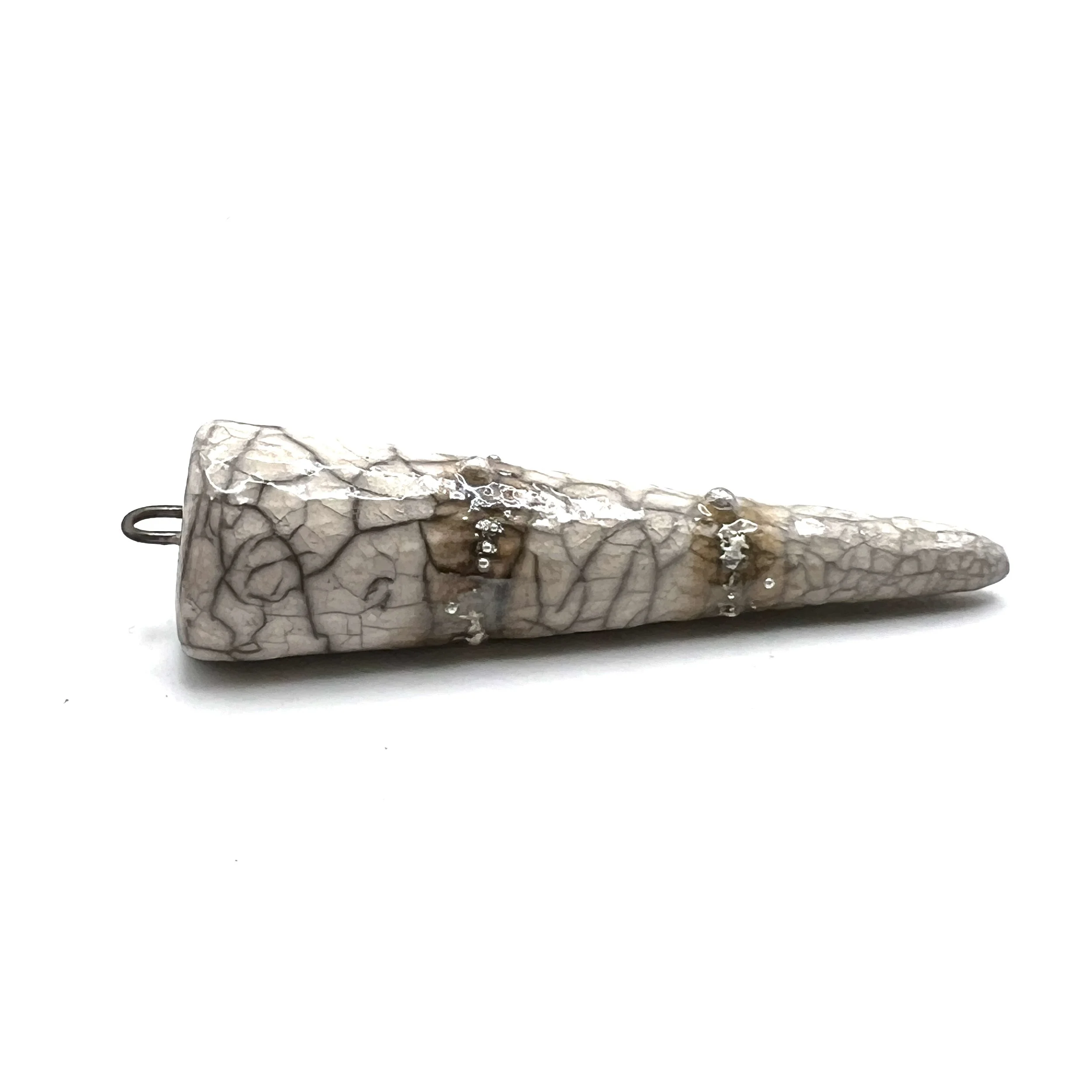 White Crackle and Silver Raku Spike Pendant Ceramic Jewelry Supply Handmade by MAKUstudio