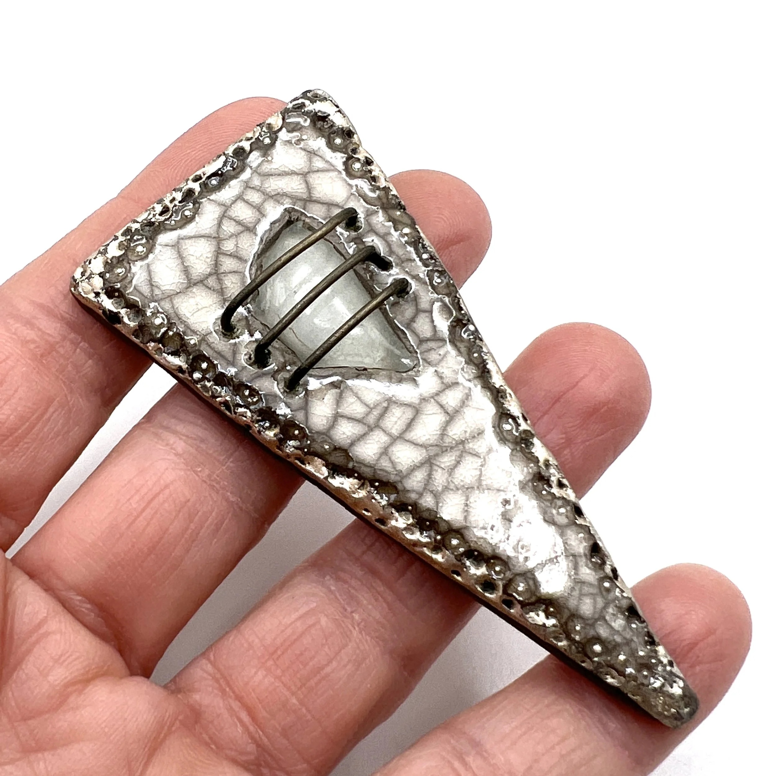 White Crackle and Silver Triangle Raku Cabochon Ceramic Jewelry Supply Handmade by MAKUstudio