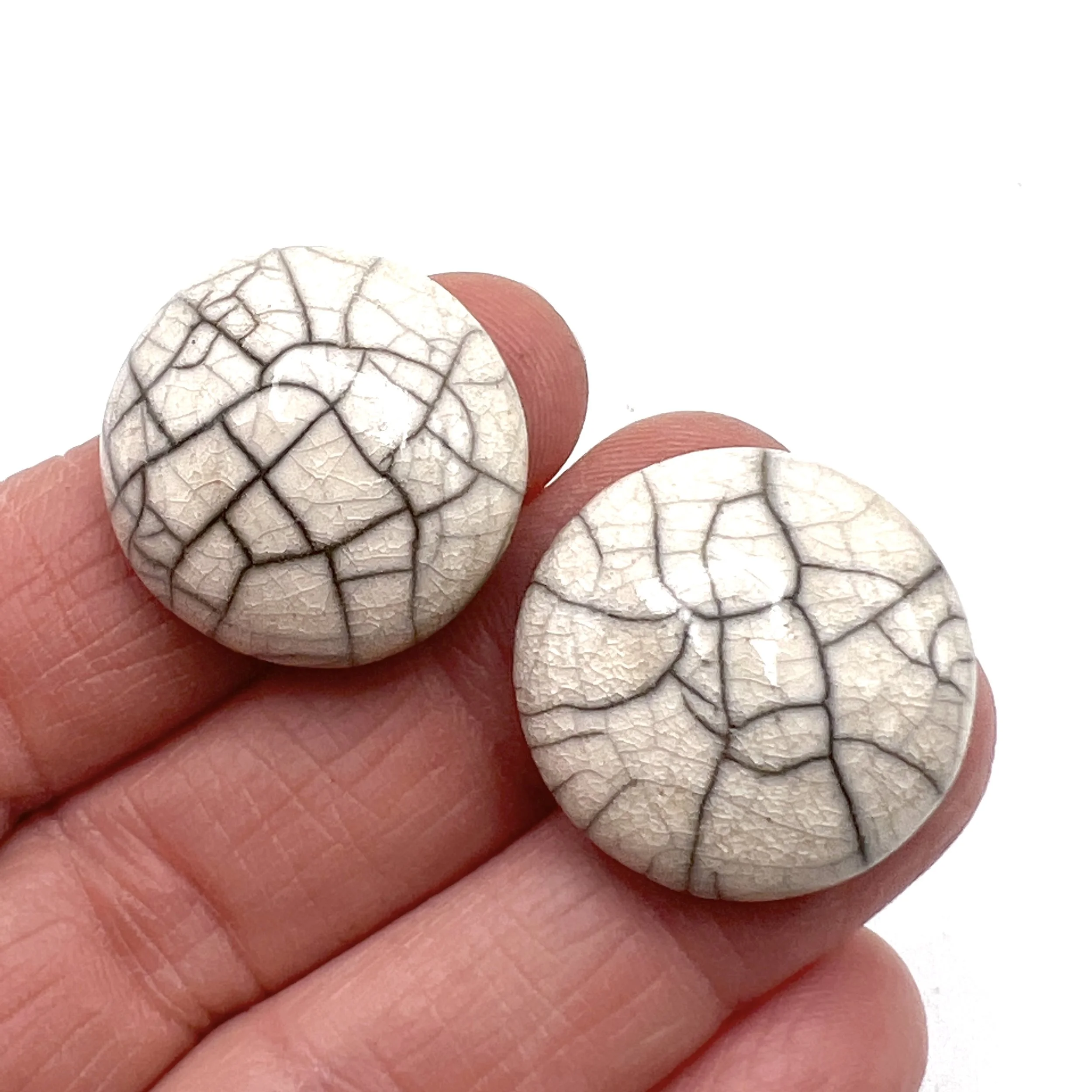 Set of 2 White Crackle Raku Cabochons Ceramic Jewelry Supplies Handmade by MAKUstudio