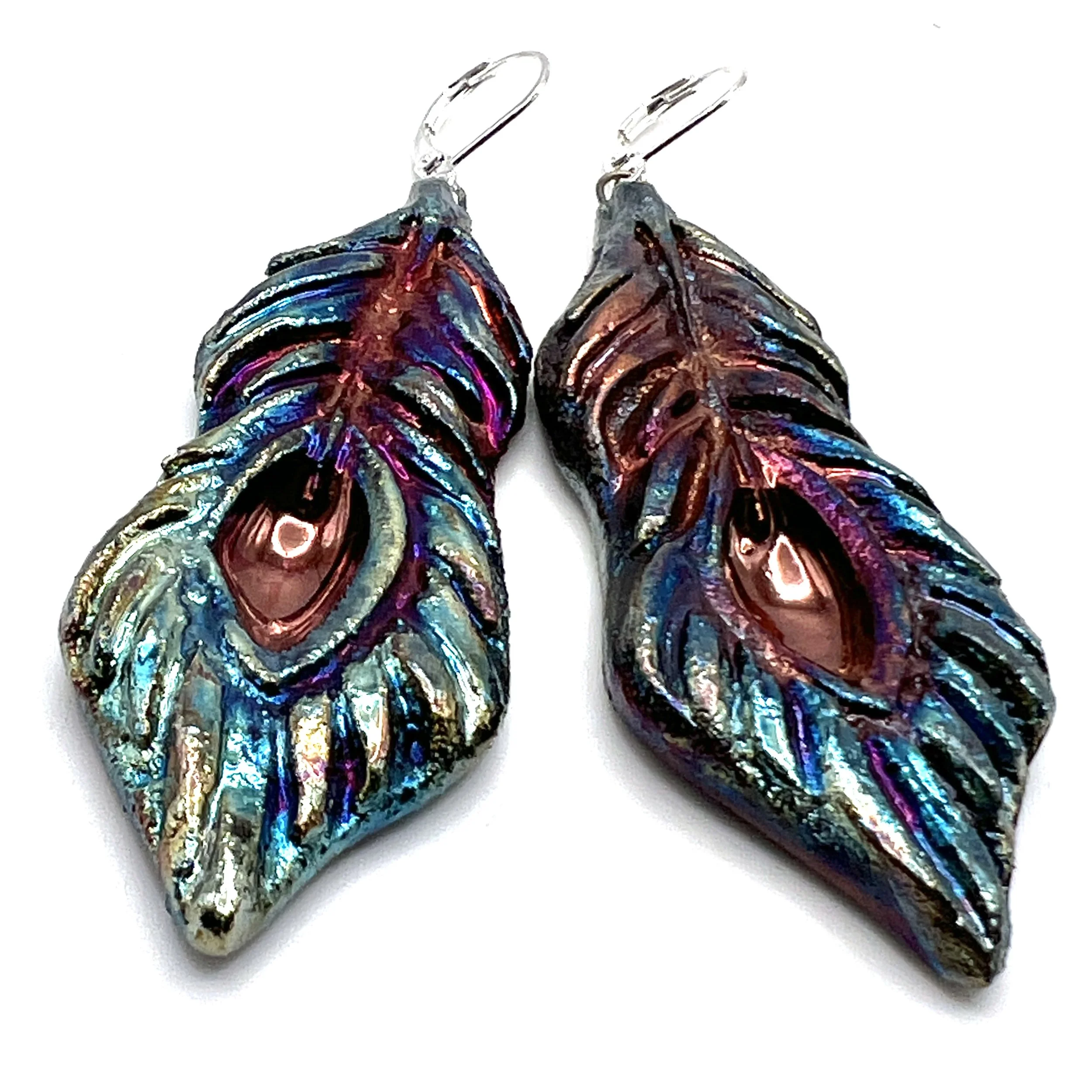 Raku Peacock Feather Earrings Ceramic Jewelry Supply Handmade by MAKUstudio MAKU raku