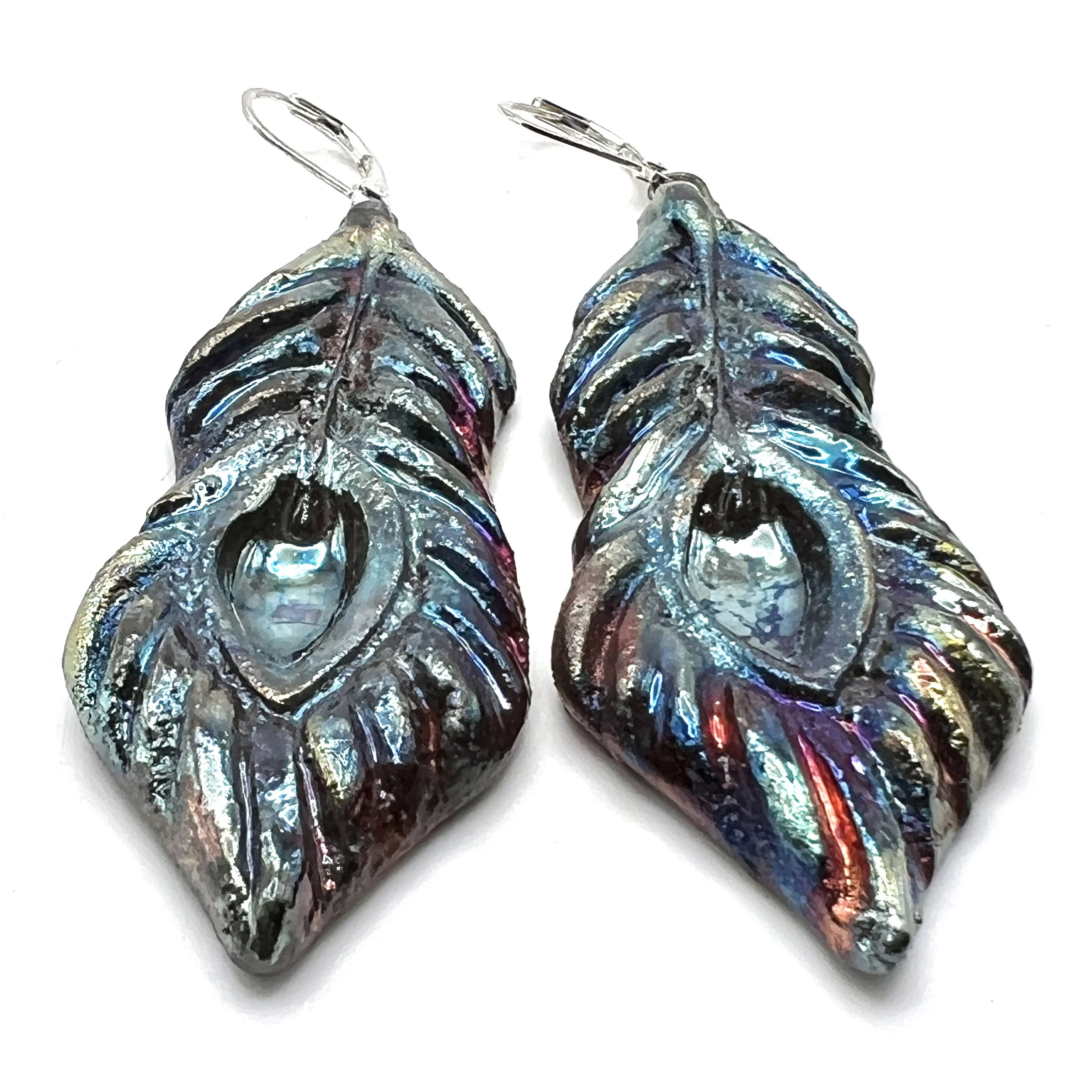 Raku Peacock Feather Earrings Ceramic Jewelry Supply Handmade by MAKUstudio MAKU raku