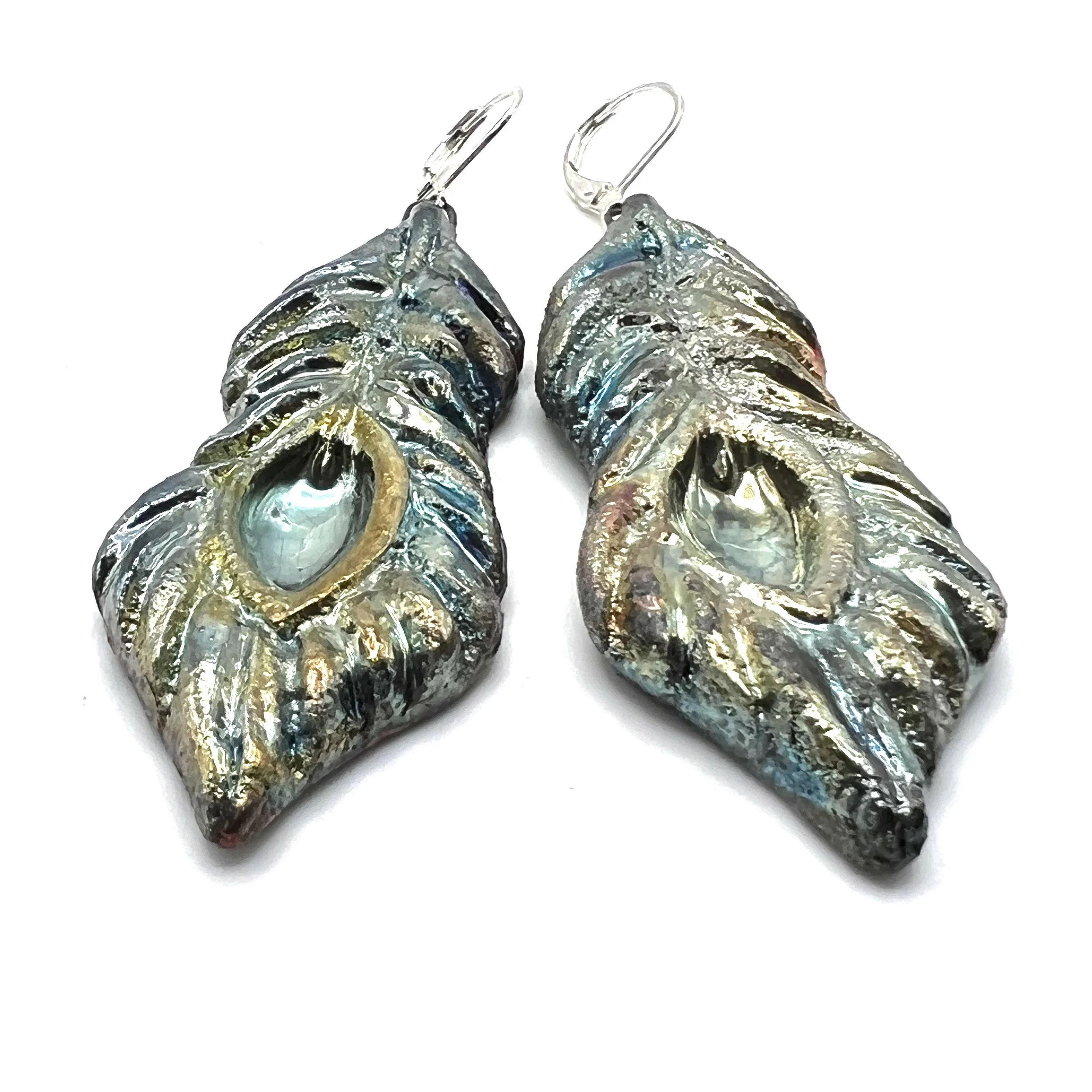 Raku Peacock Feather Earrings Ceramic Jewelry Supply Handmade by MAKUstudio MAKU raku