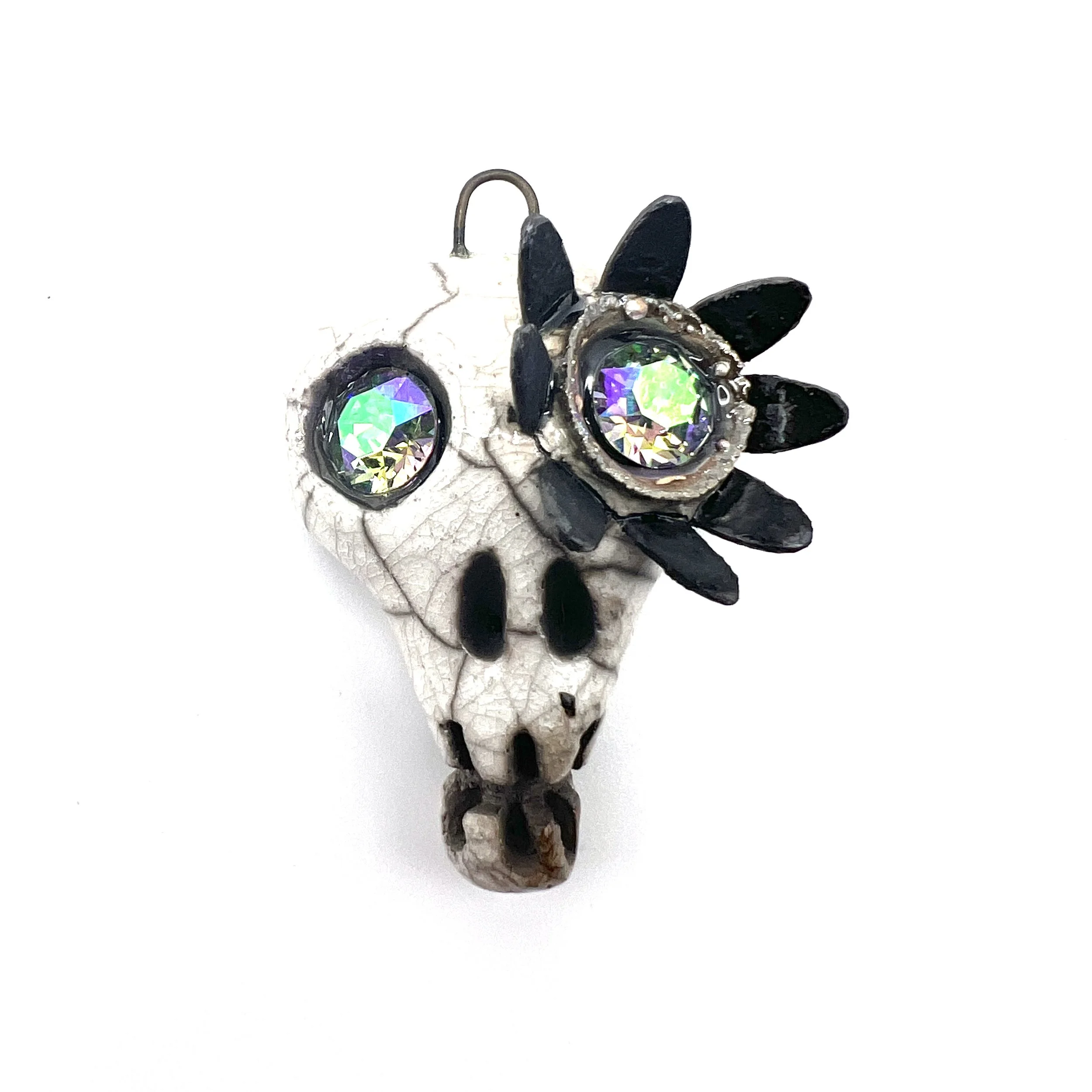 Flower Eye Raku Skull Pendant Ceramic Jewelry Supplies Handmade by MAKUstudio
