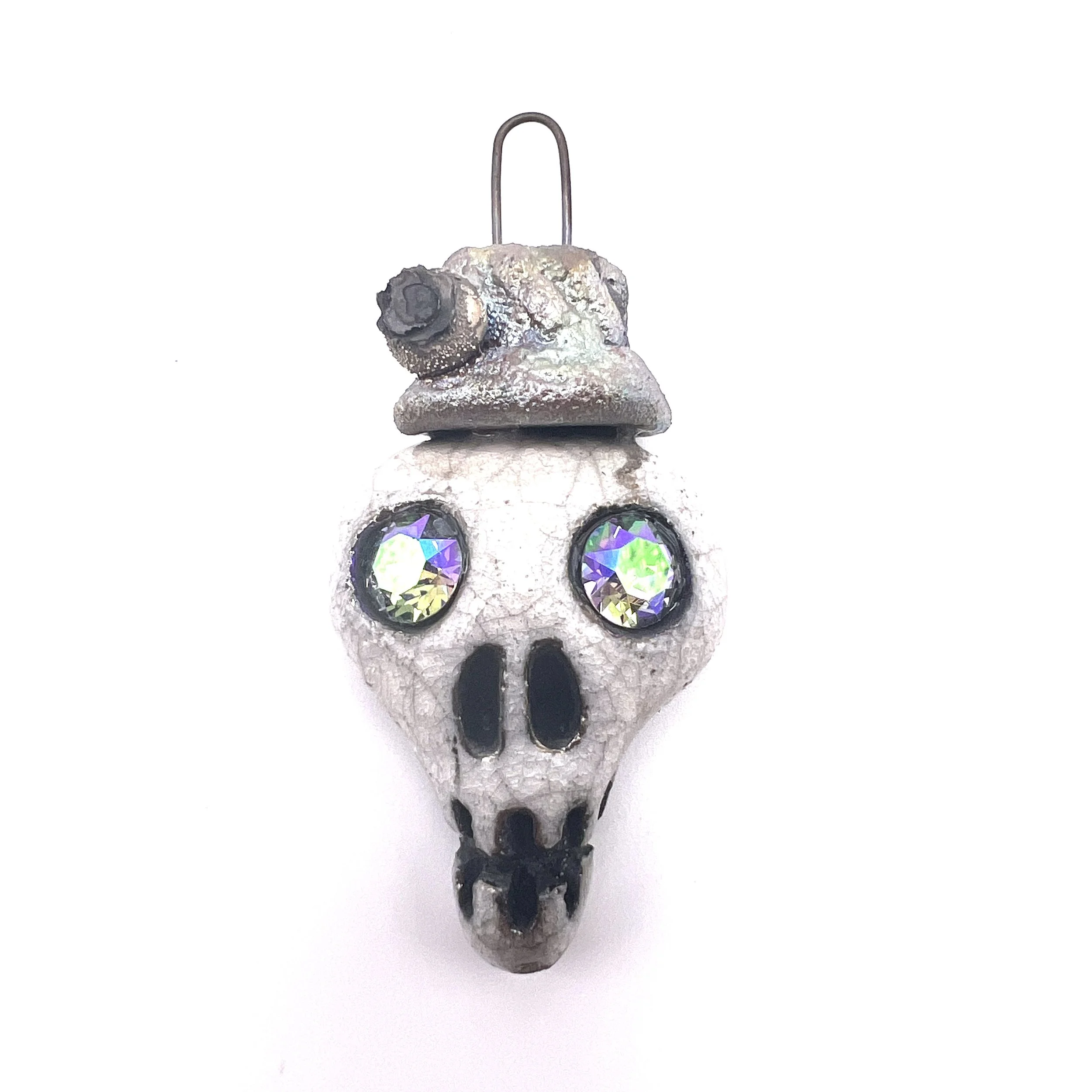 Top Hat with Flower Raku Skull Pendant Ceramic Jewelry Supplies Handmade by MAKUstudio MAKU raku
