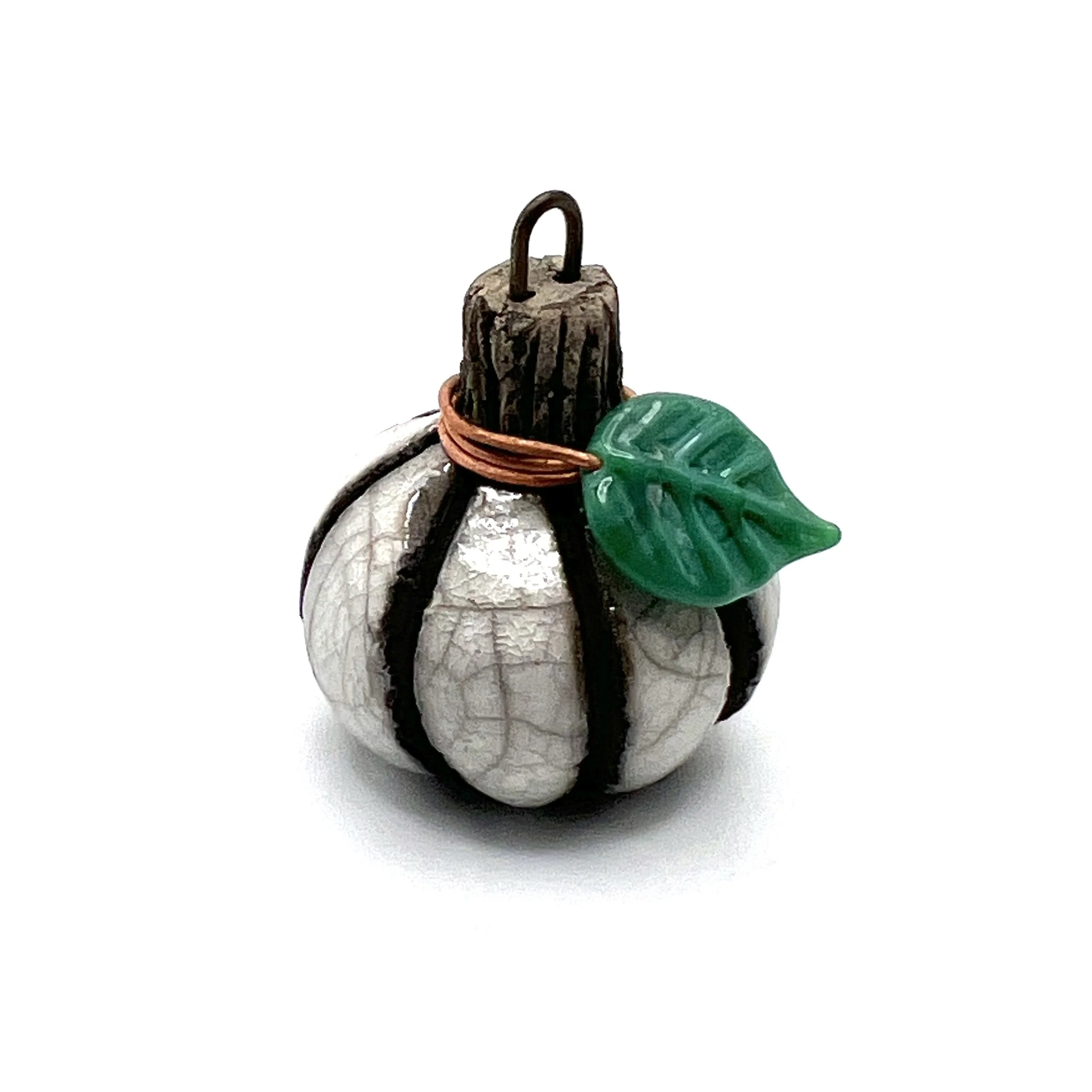 White Crackle Raku Pumpkin with Glass Leaf Pendant Ceramic Jewelry Supplies Handmade by MAKUstudio MAKU raku