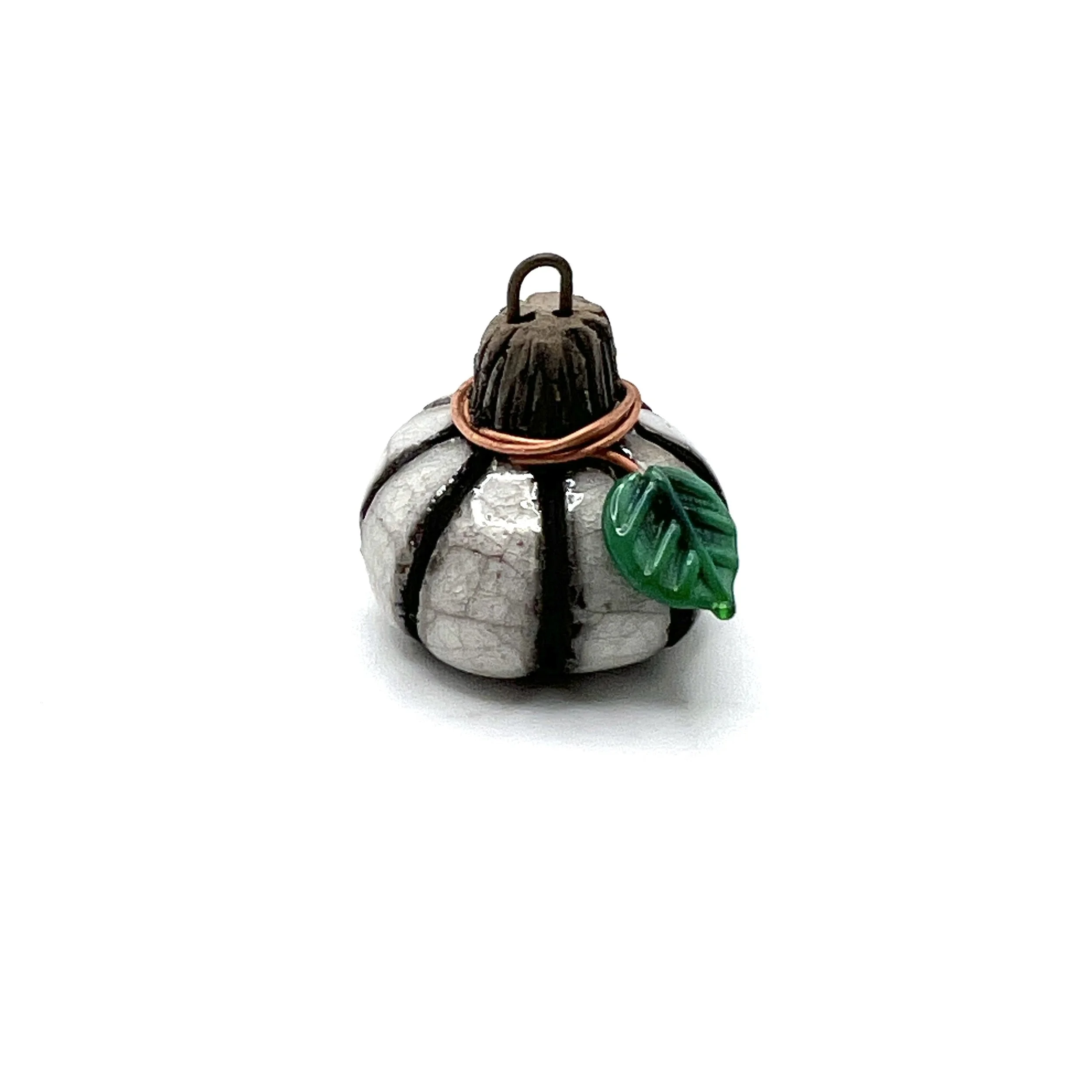 White Crackle Raku Pumpkin with Glass Leaf Pendant Ceramic Jewelry Supplies Handmade by MAKUstudio MAKU raku