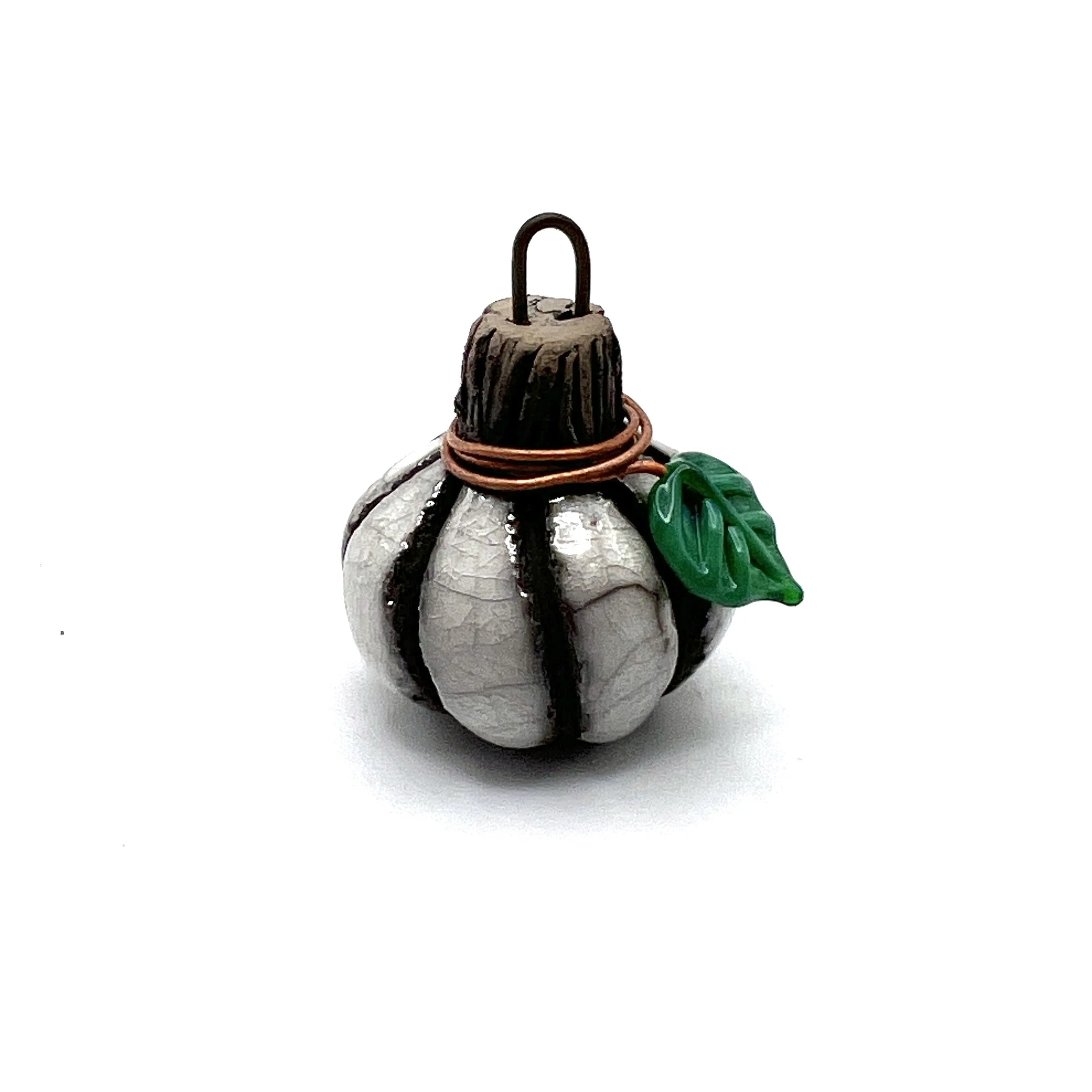 White Crackle Raku Pumpkin with Glass Leaf Pendant Ceramic Jewelry Supplies Handmade by MAKUstudio MAKU raku