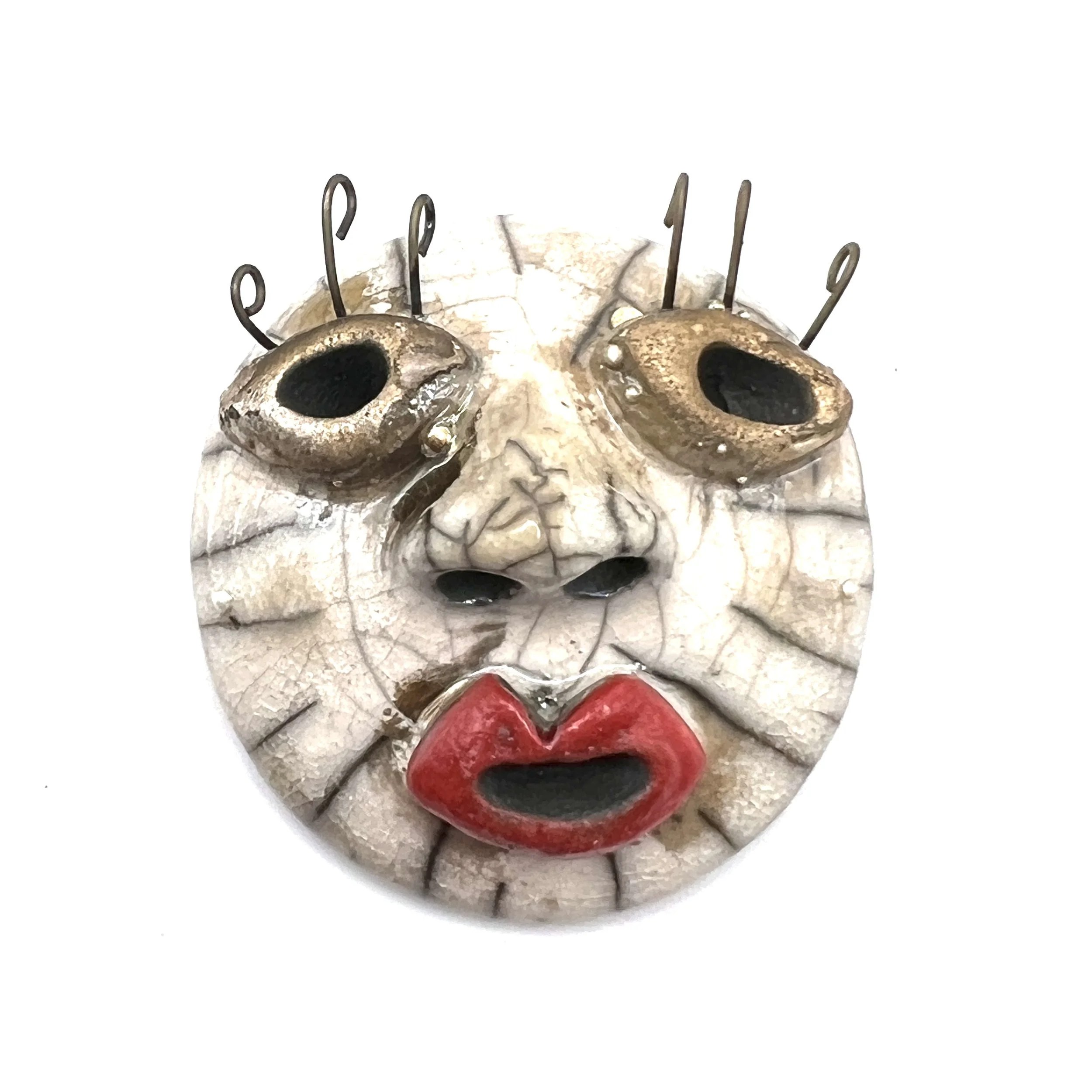 Curly Eyelashes and Red Lips Face White Crackle Raku Cabochon Jewelry Supply Handmade by MAKUstudio MAKU raku