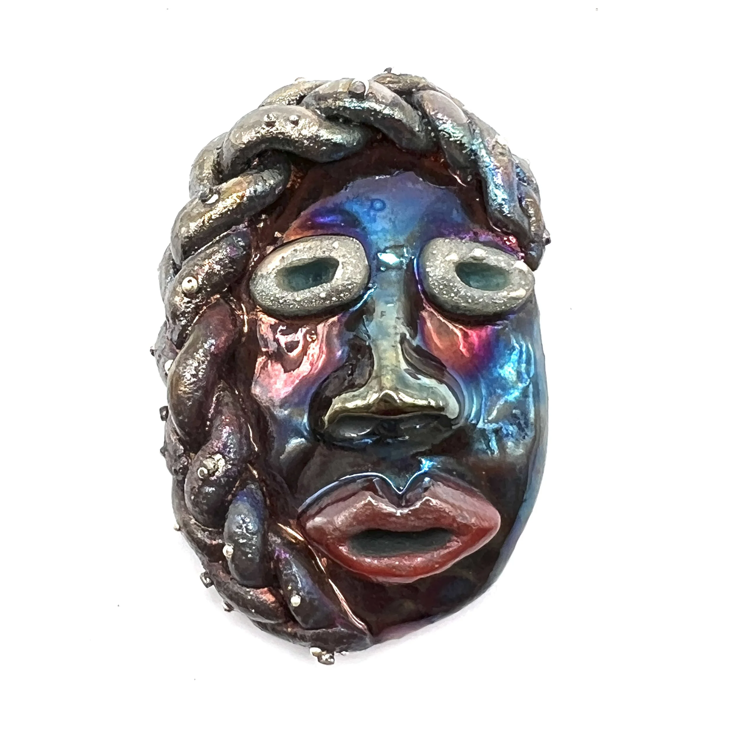 Braided Hair and Red Lips Face Raku Cabochon Jewelry Supply Handmade by MAKUstudio MAKU raku