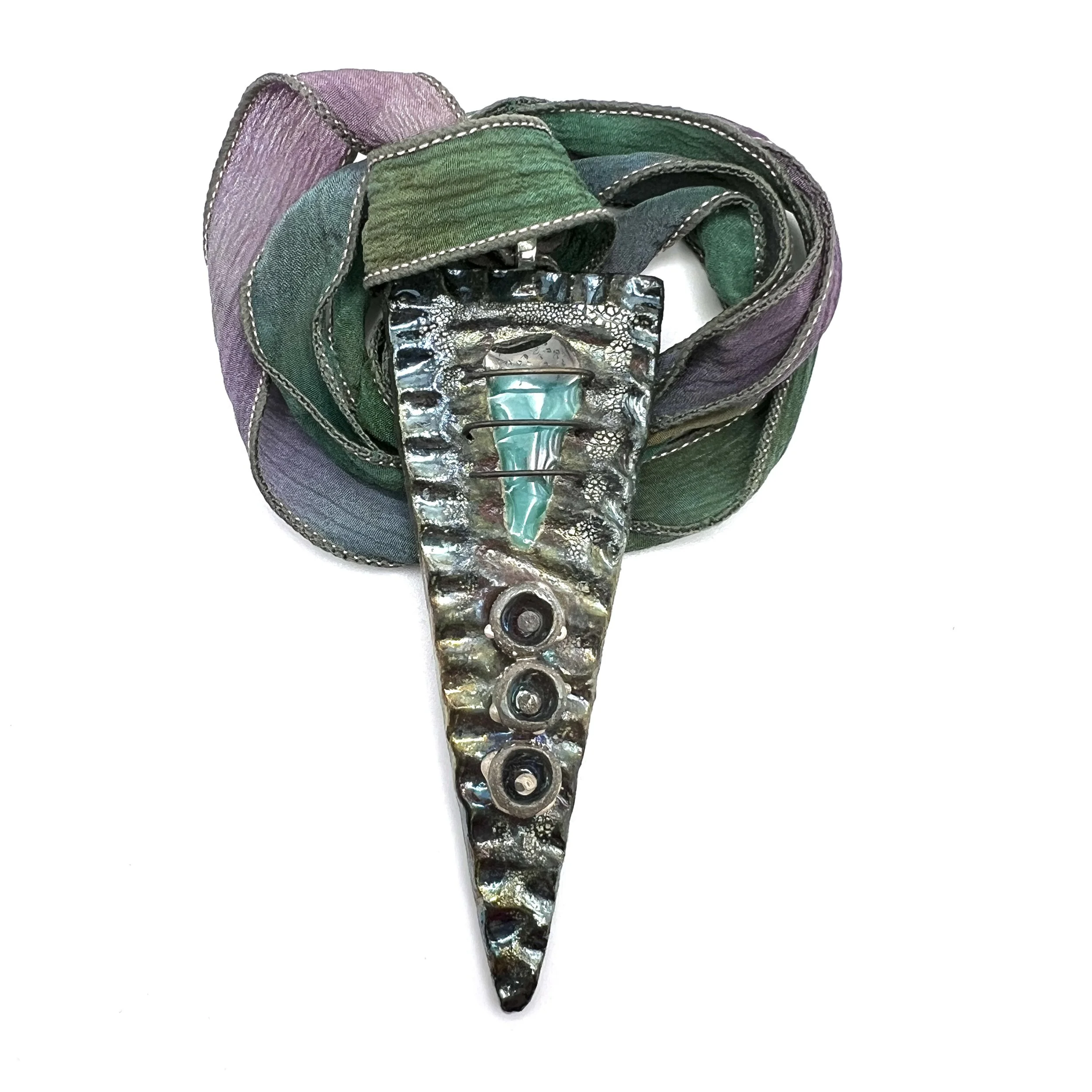 Triangle Raku Pendant with Hand Dyed Silk Ribbon Jewelry Supply Handmade by MAKUstudio MAKU raku
