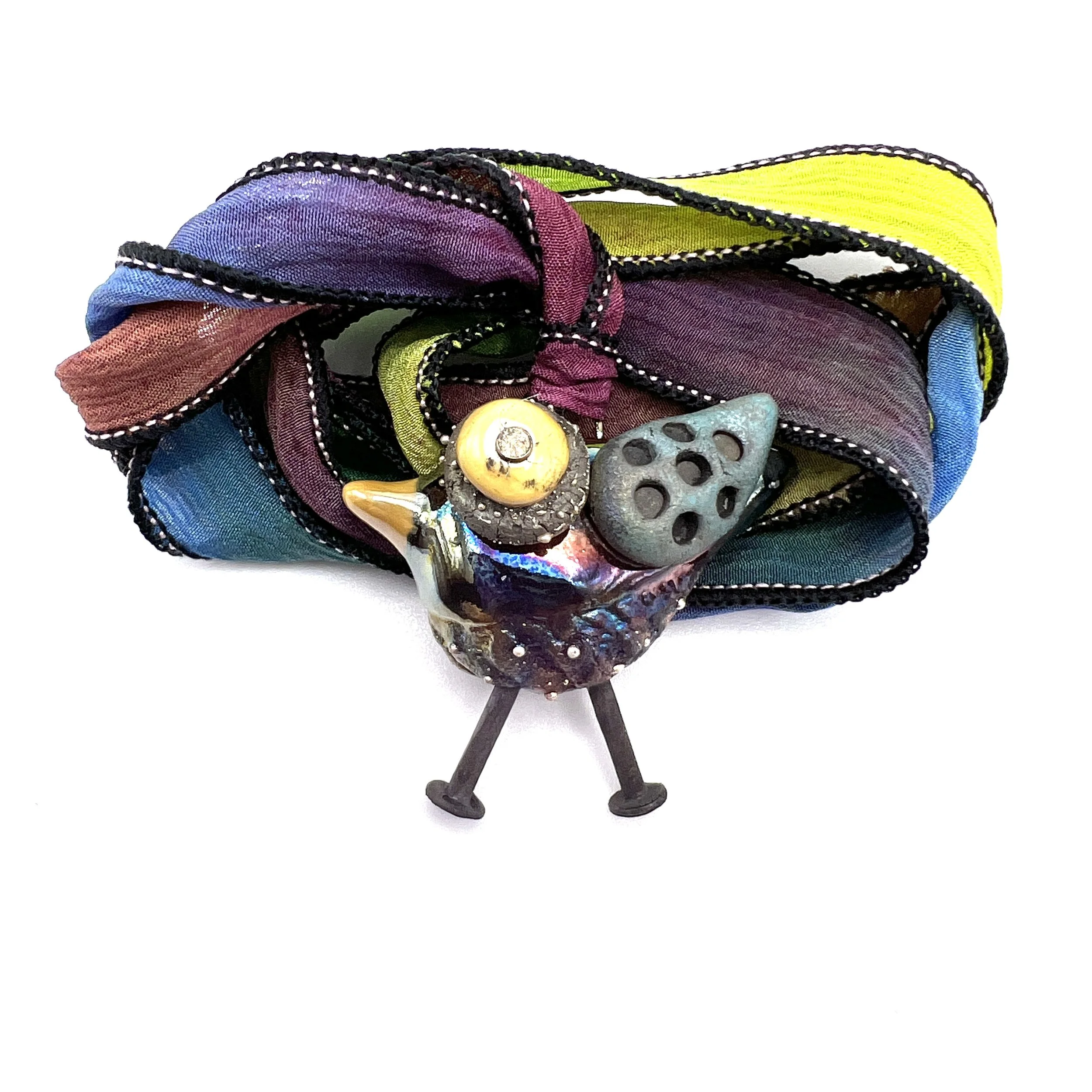 Raku Bird Pendant with Hand Dyed Silk Ribbon Jewelry Supply Handmade by MAKUstudio MAKU raku