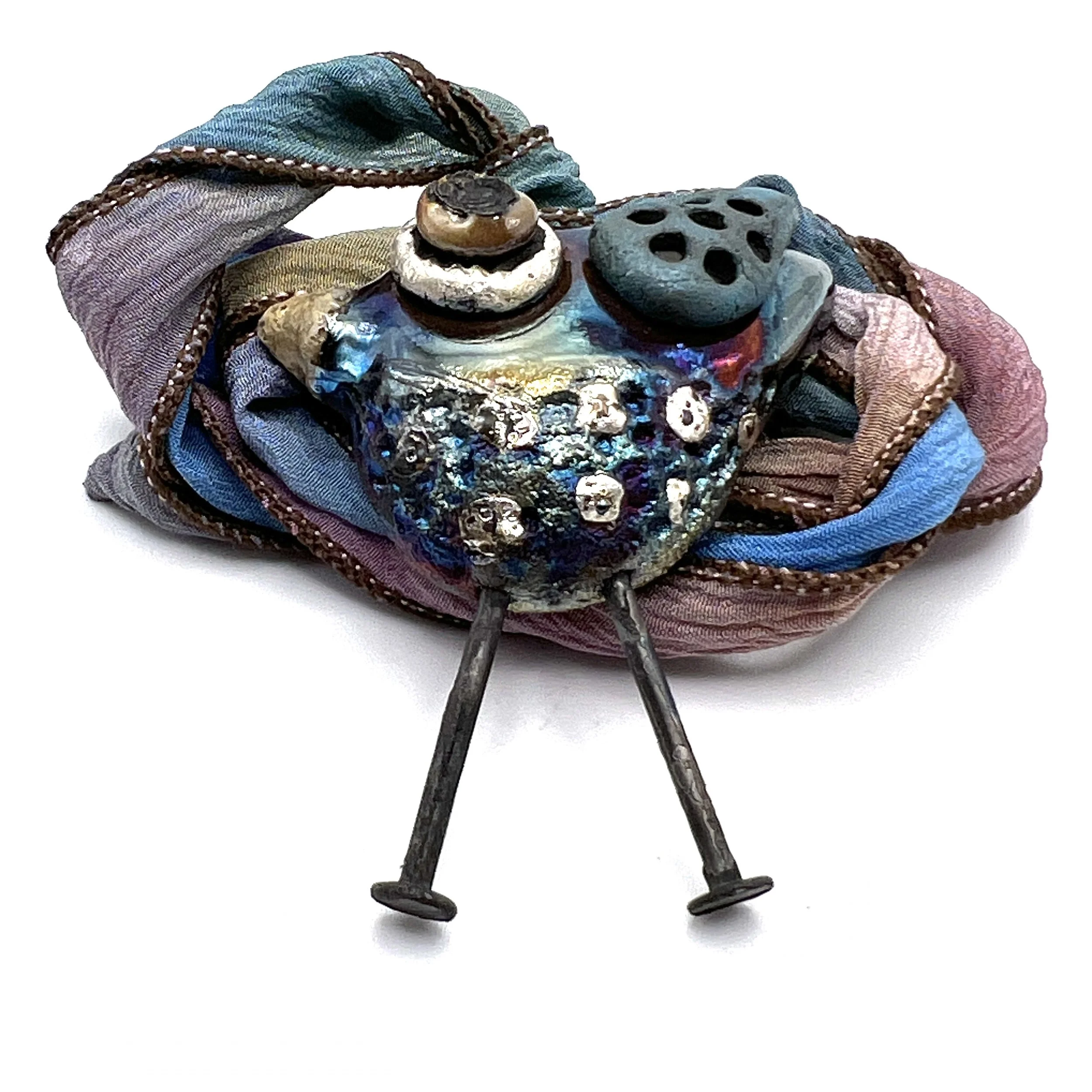 Raku Bird Pendant with Hand Dyed Silk Ribbon Jewelry Supply Handmade by MAKUstudio MAKU raku