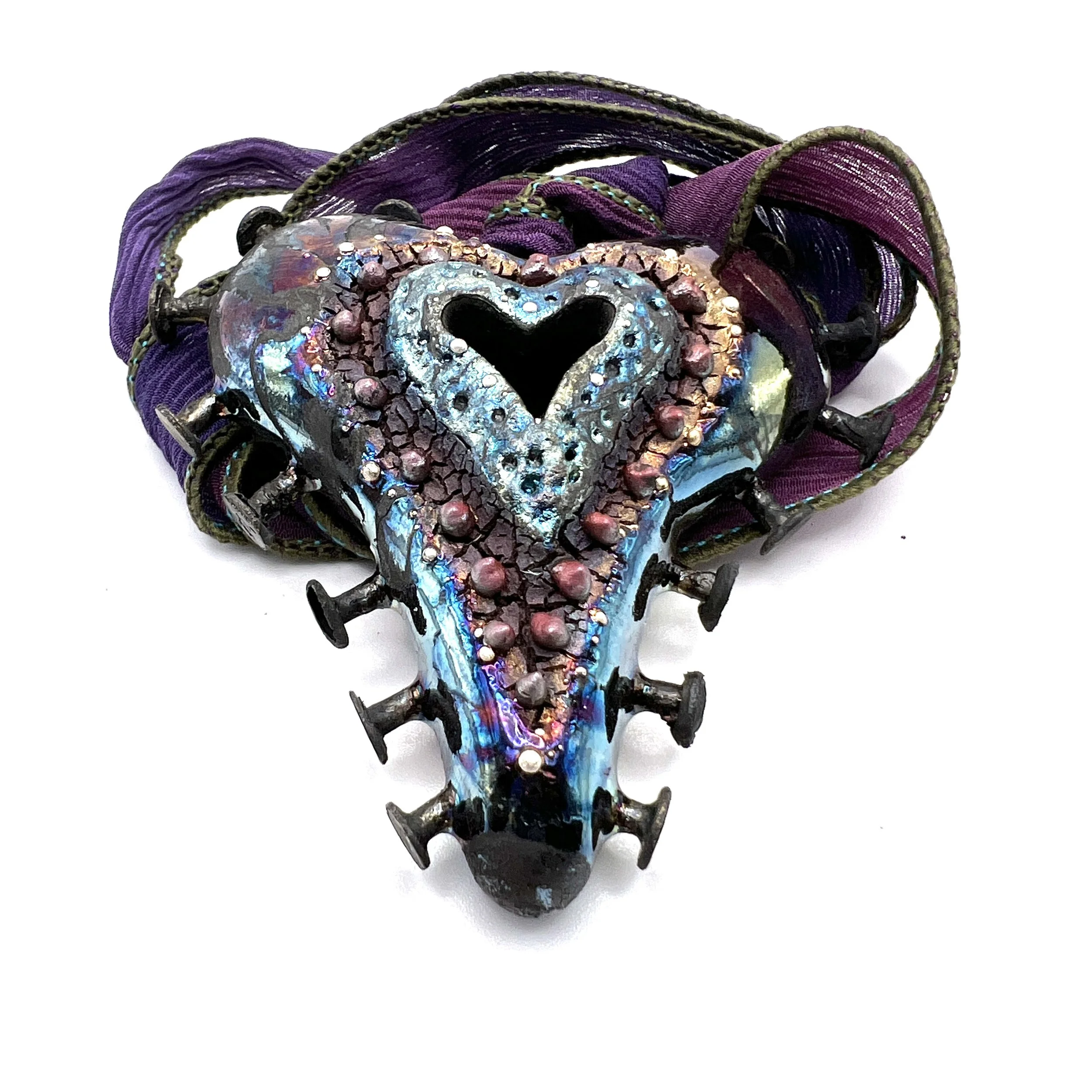 MAKU Raku Signature Heart Pendant with Hand Dyed Silk Ribbon Jewelry Supply Handmade by MAKUstudio MAKU raku