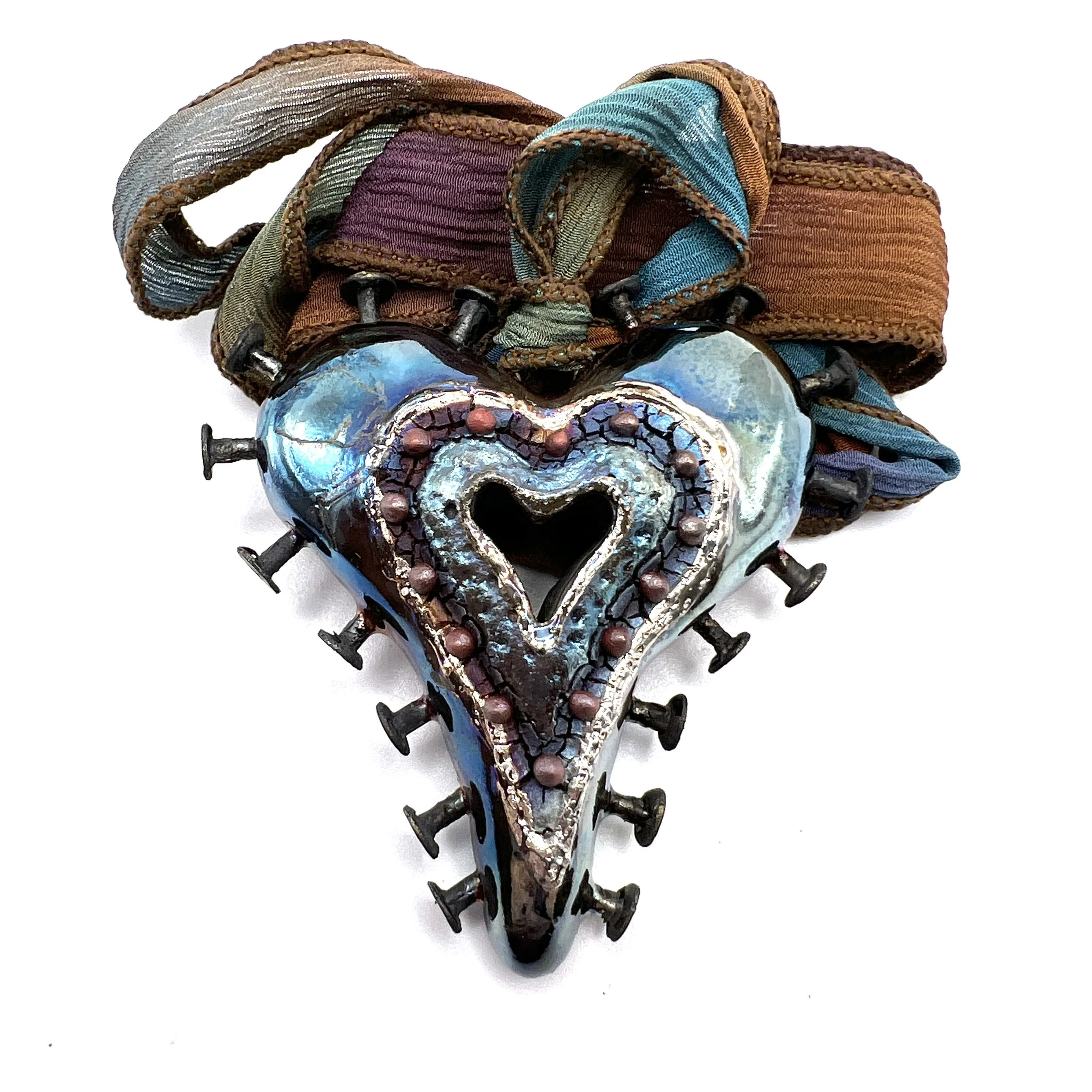 MAKU Raku Signature Heart Pendant with Hand Dyed Silk Ribbon Jewelry Supply Handmade by MAKUstudio MAKU raku