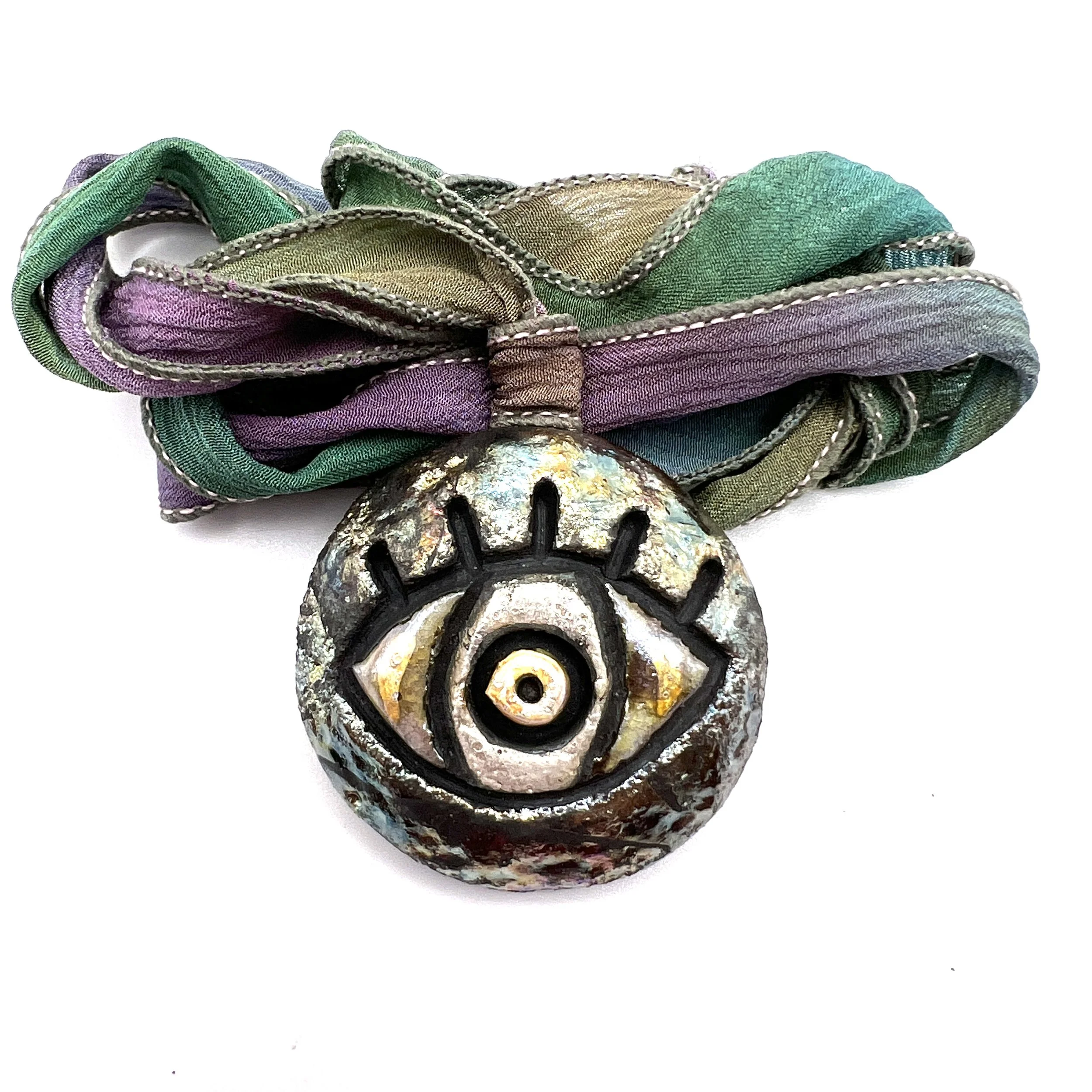 Raku Evil Eye Pendant with Hand Dyed Silk Ribbon Jewelry Supply Handmade by MAKUstudio MAKU raku