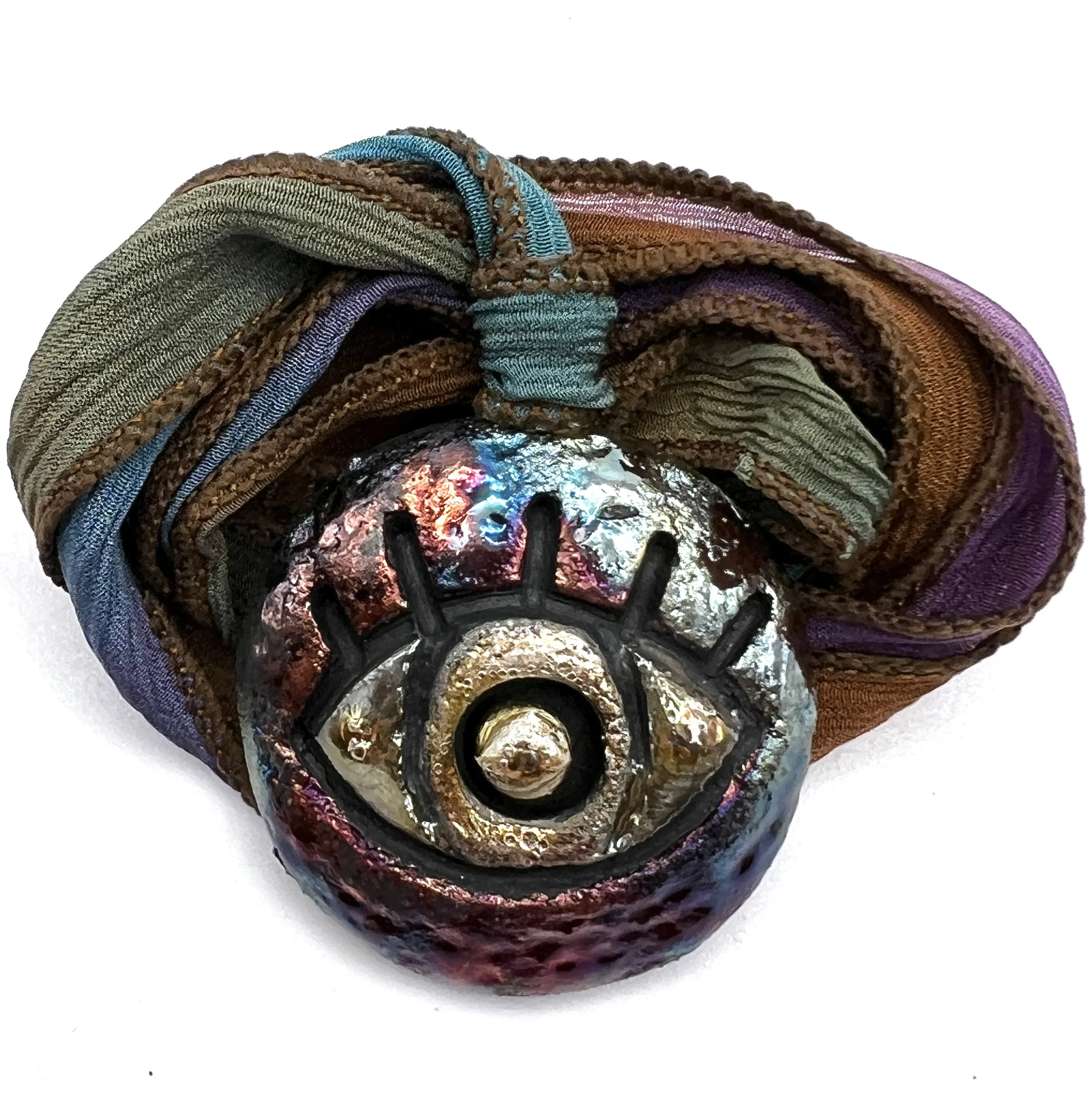 Raku Evil Eye Pendant with Hand Dyed Silk Ribbon Jewelry Supply Handmade by MAKUstudio MAKU raku