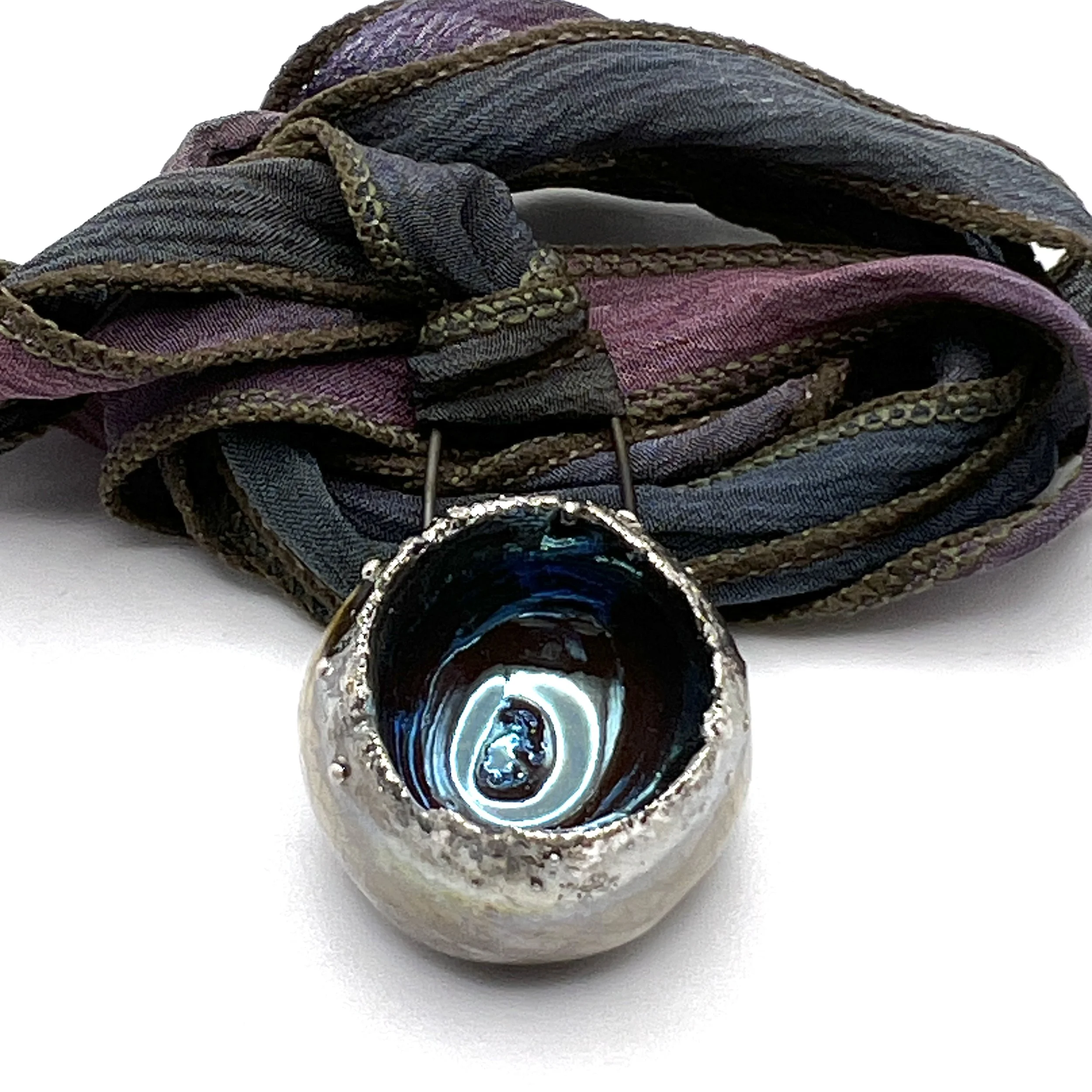 Large Raku Pod Pendant with Hand Dyed Silk Ribbon Jewelry Supply Handmade by MAKUstudio MAKU raku