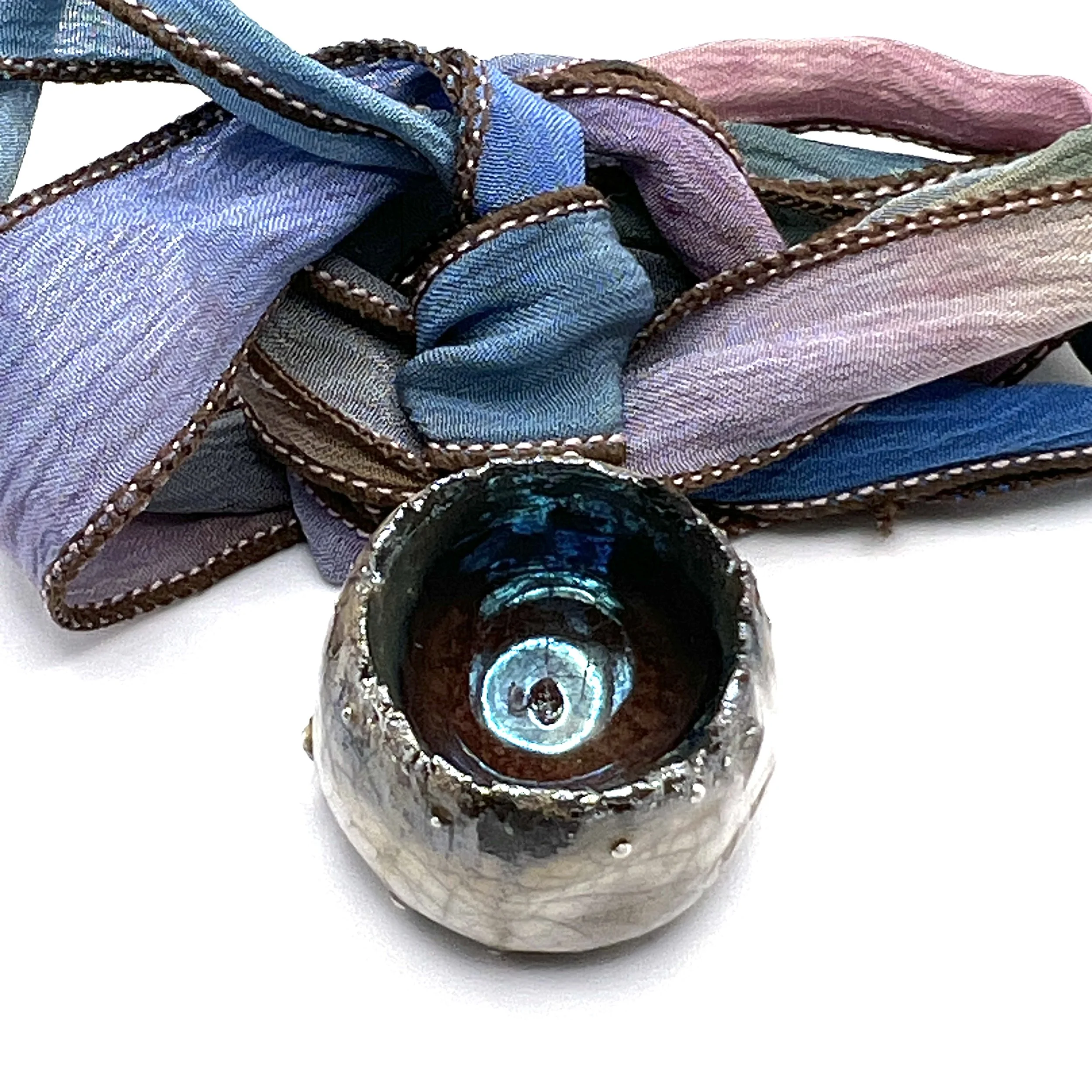 Large Raku Pod Pendant with Hand Dyed Silk Ribbon Jewelry Supply Handmade by MAKUstudio MAKU raku