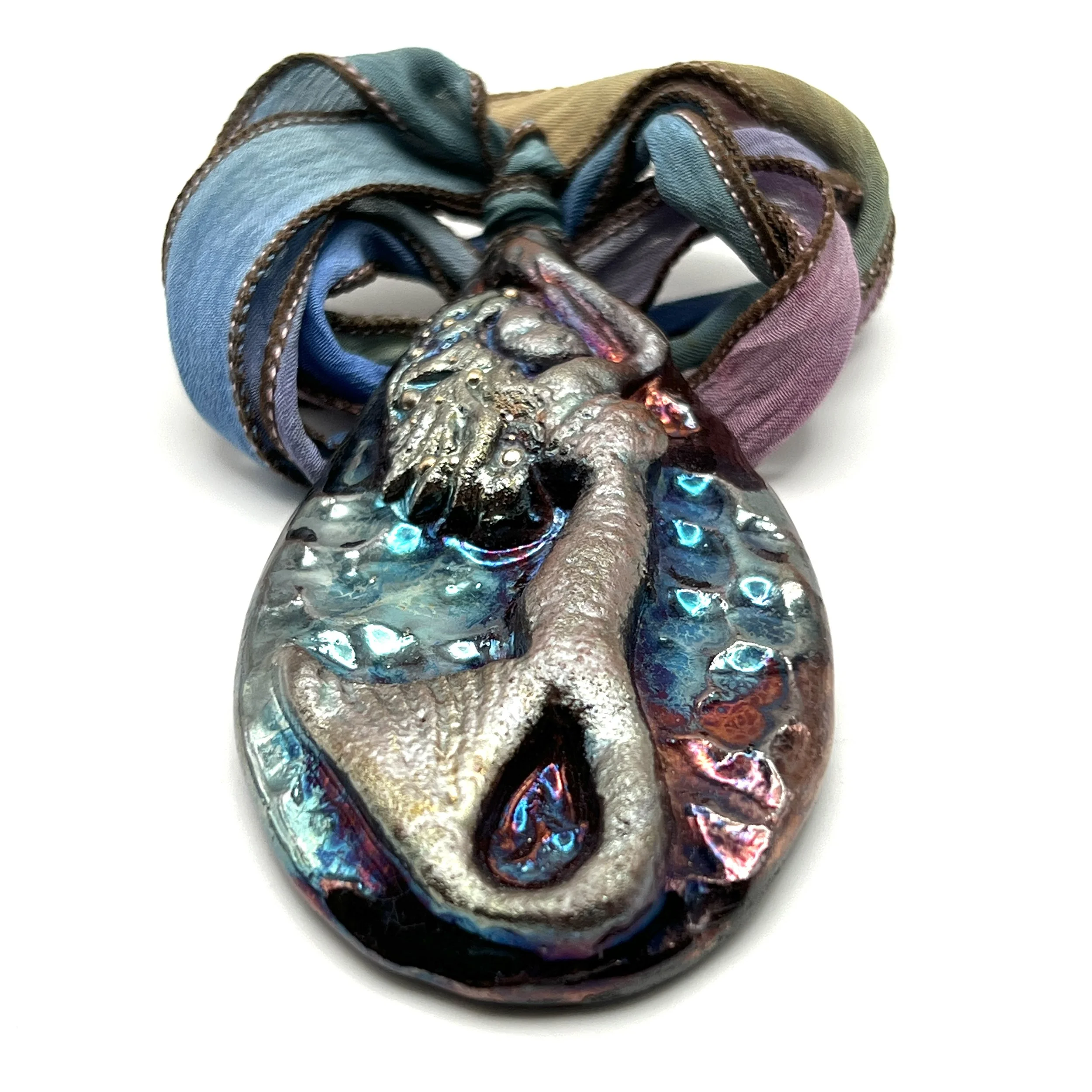 Raku Mermaid Pendant with Hand Dyed Silk Ribbon Jewelry Supply Handmade by MAKUstudio MAKU raku