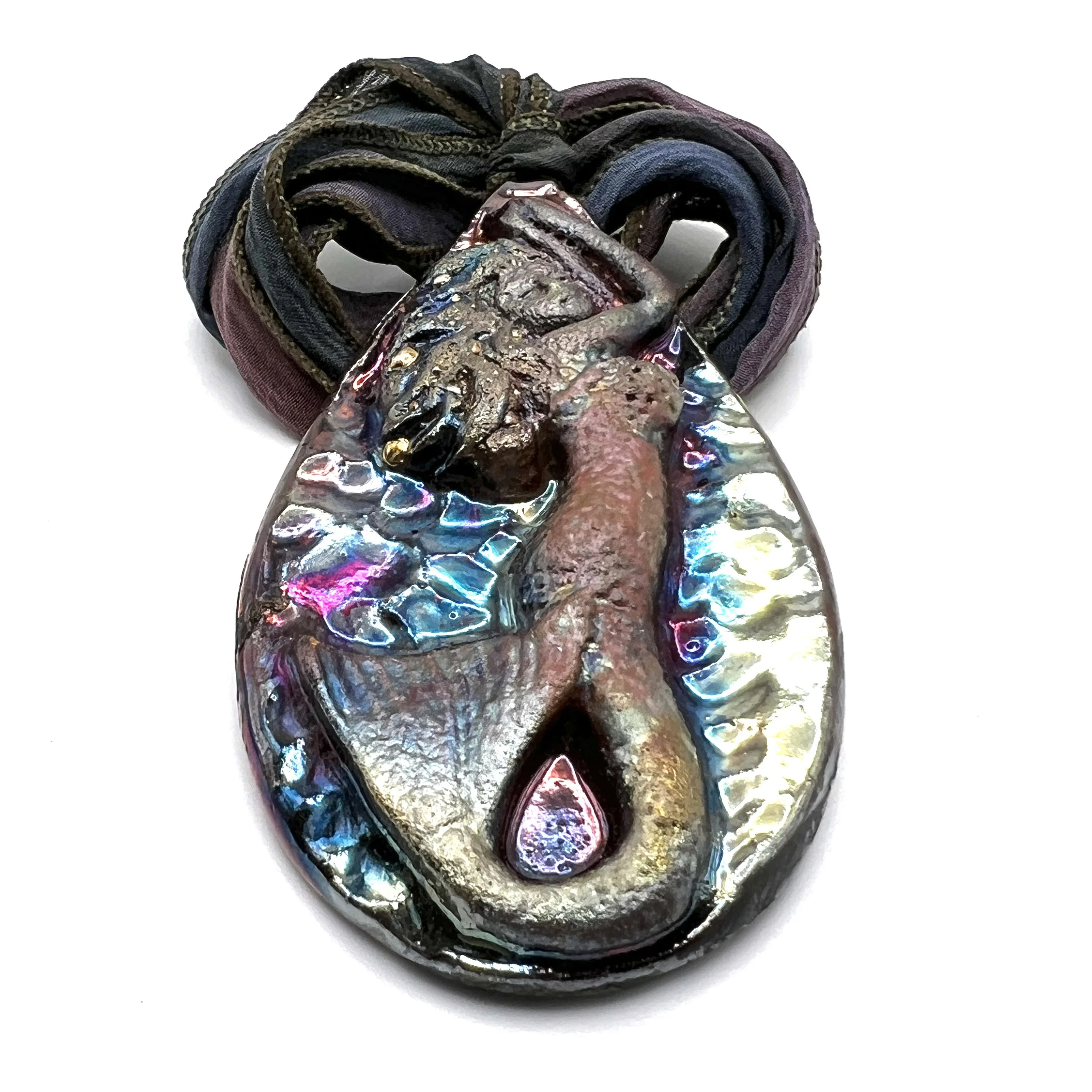 Raku Mermaid Pendant with Hand Dyed Silk Ribbon Jewelry Supply Handmade by MAKUstudio MAKU raku