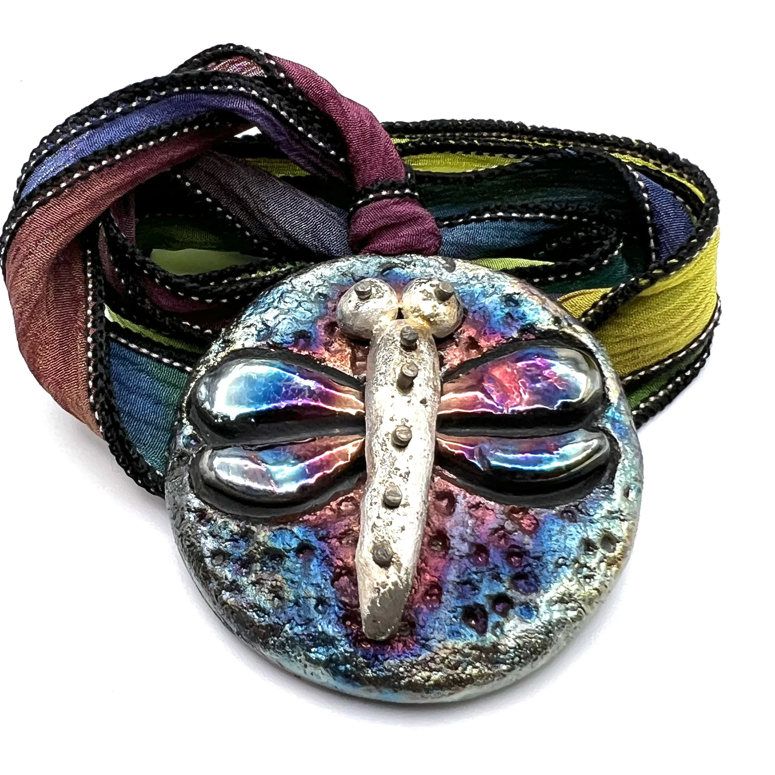Raku Dragonfly Pendant with Hand Dyed Silk Ribbon Jewelry Supply Handmade by MAKUstudio MAKU raku