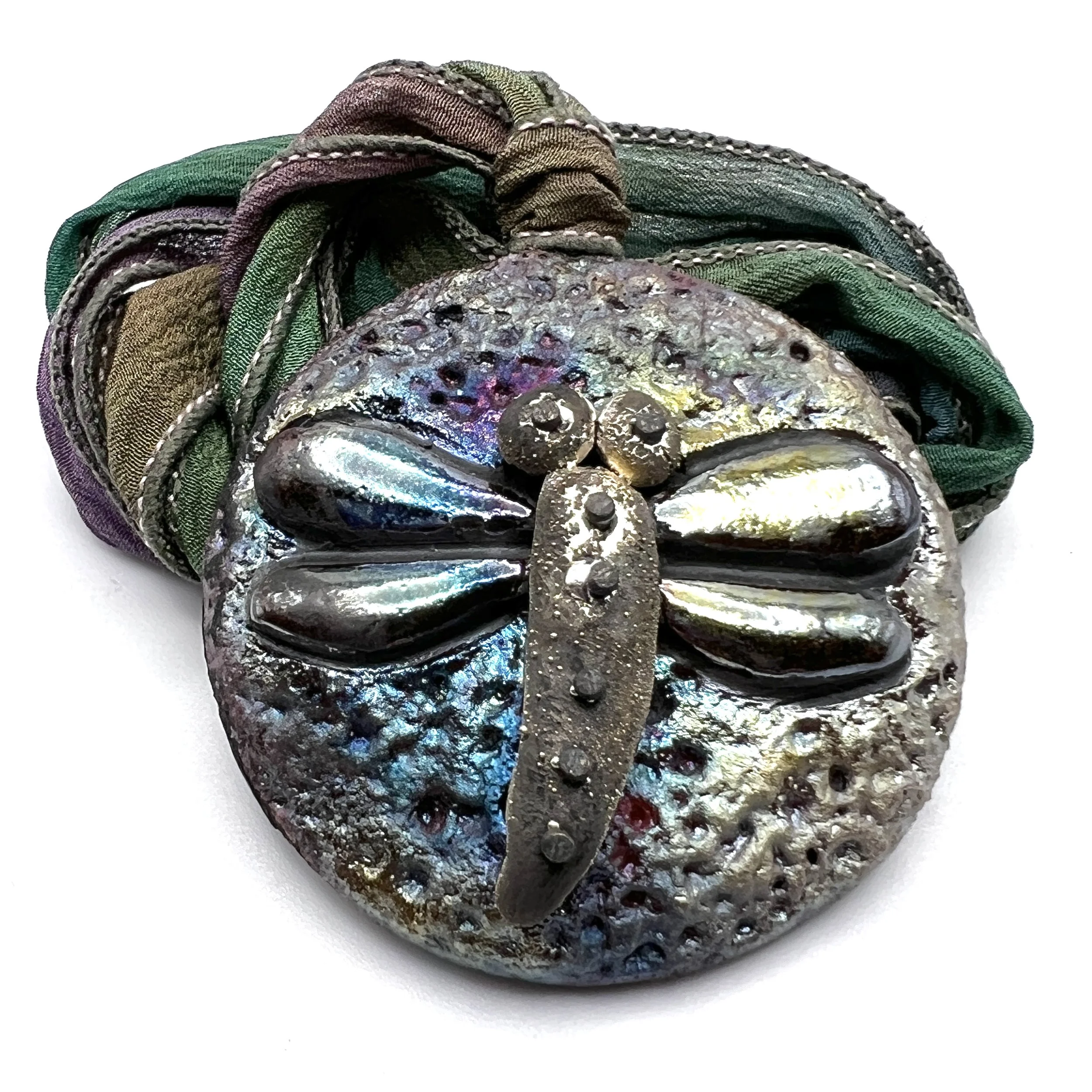 Raku Dragonfly Pendant with Hand Dyed Silk Ribbon Jewelry Supply Handmade by MAKUstudio MAKU raku