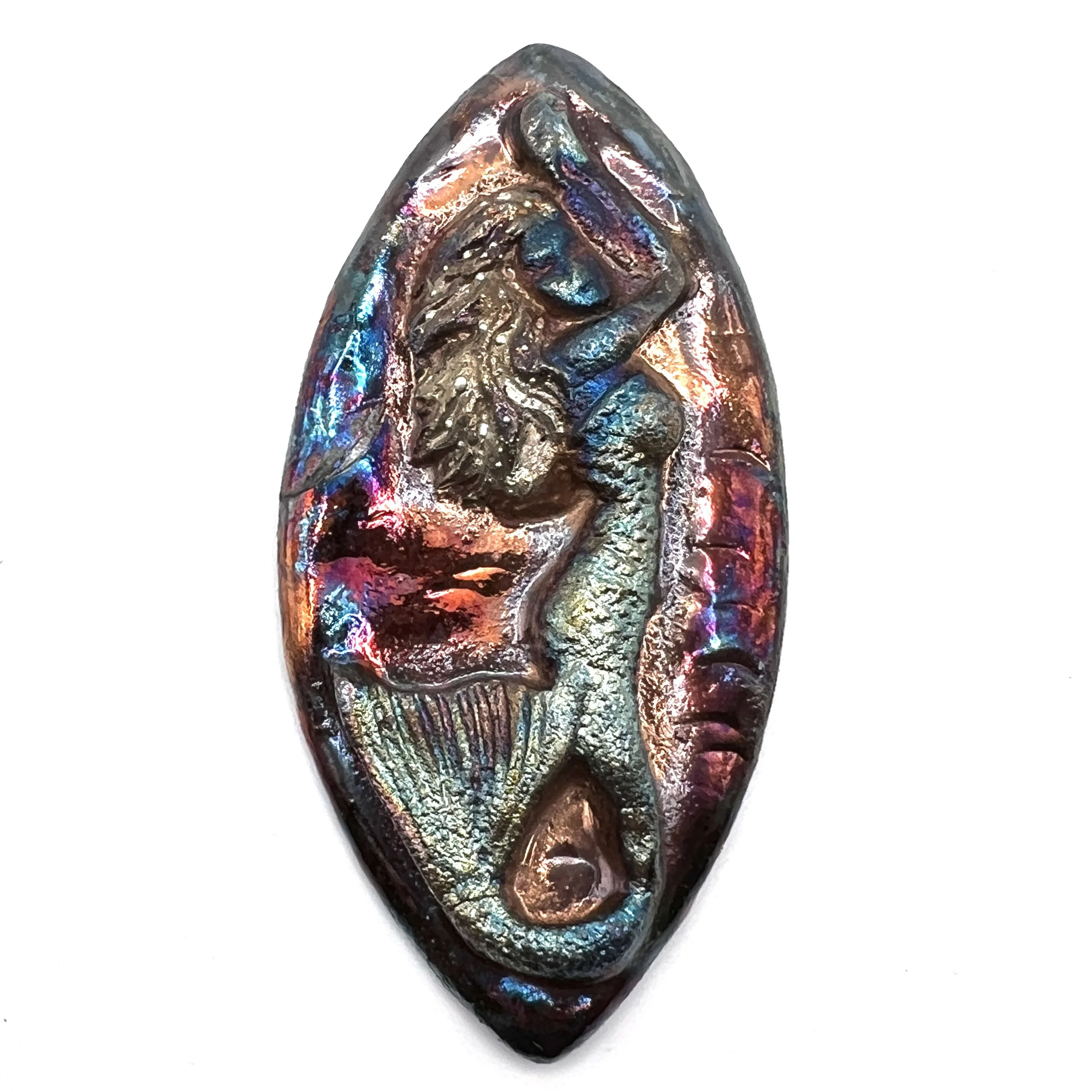 Large Mermaid Marquis Raku Cabochon Jewelry Supply Handmade by MAKUstudio
