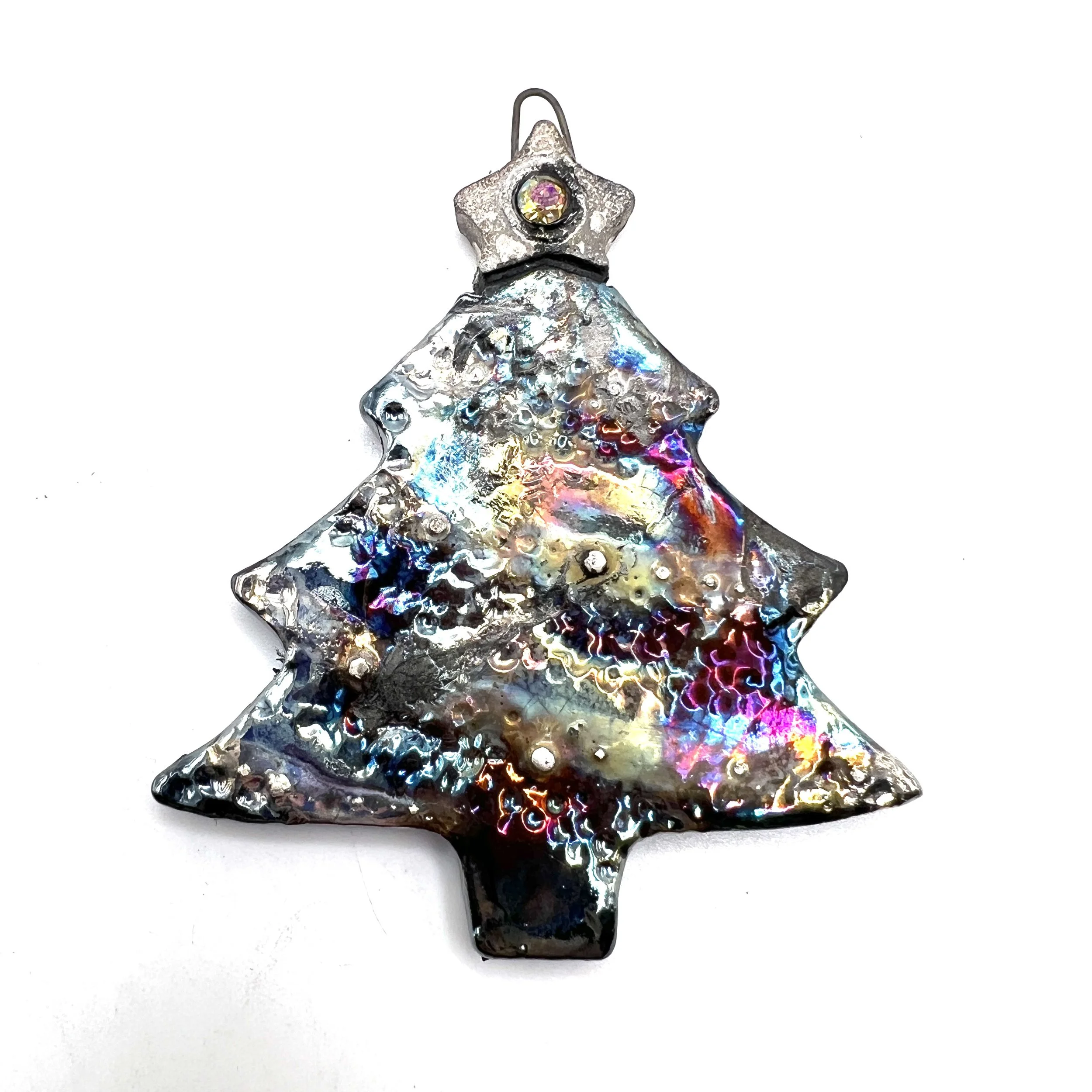 Raku Christmas Tree with Star Ornament or Pendant Ceramic Jewelry Supply Handmade by MAKUstudio MAKU raku