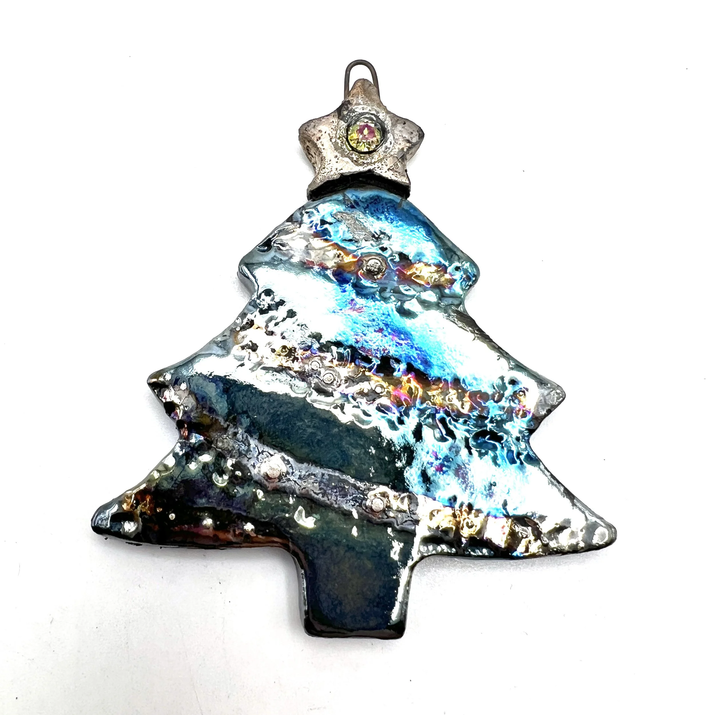 Raku Christmas Tree with Star Ornament or Pendant Ceramic Jewelry Supply Handmade by MAKUstudio MAKU raku