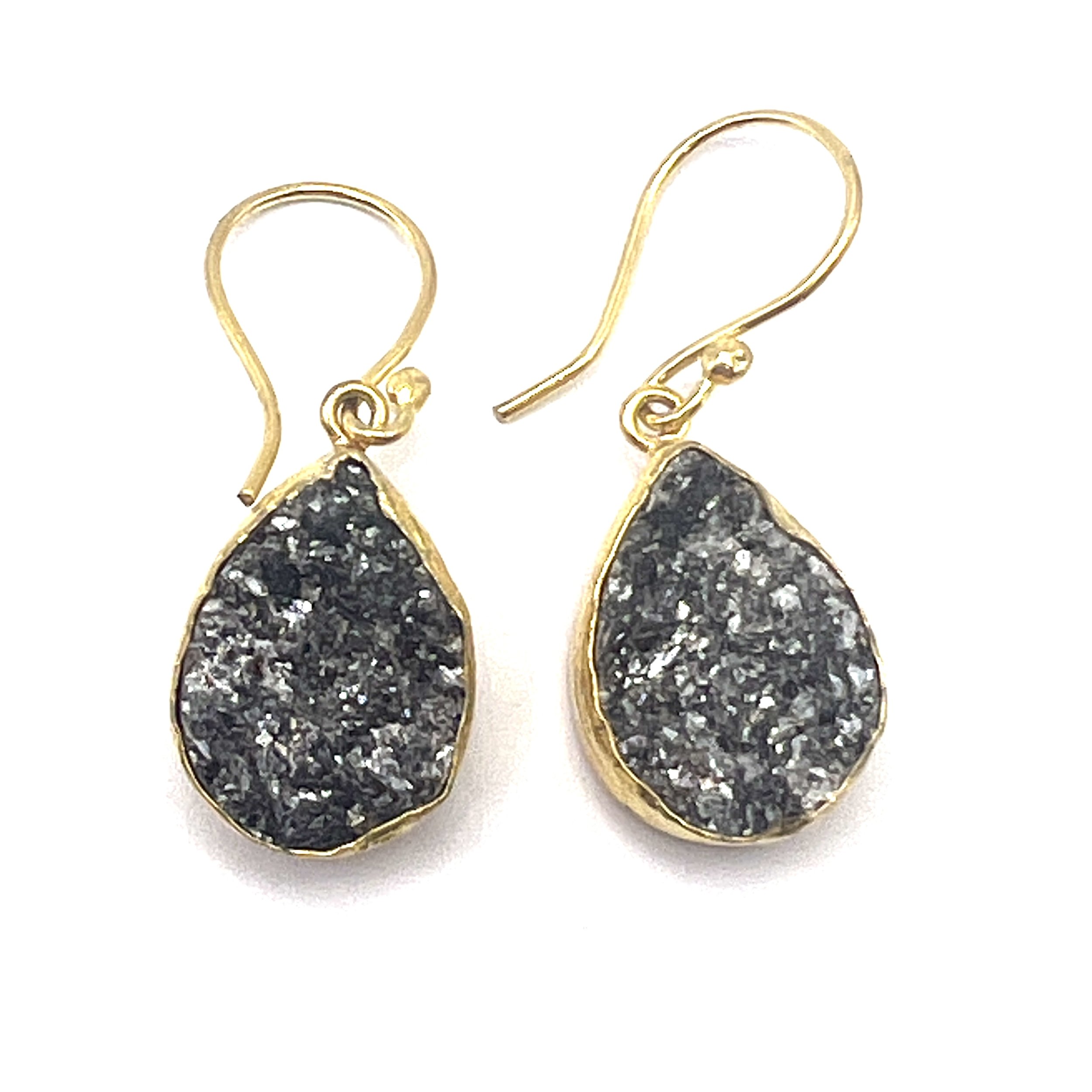 Gold Gray Silver Druzy Dangling Earrings Handmade in Turkey MAKUstudio MAKU raku