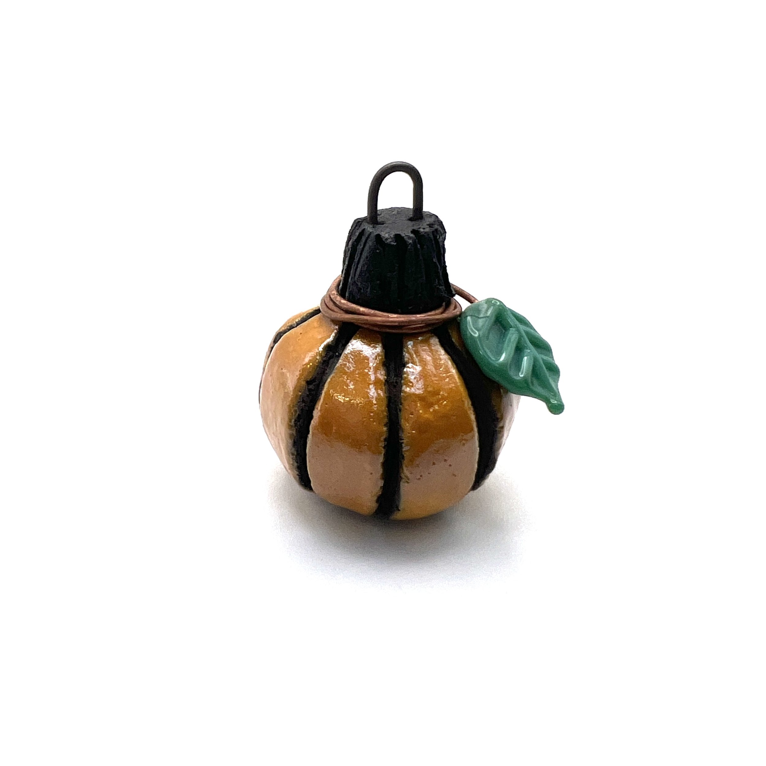 Orange Raku Pumpkin with Glass Leaf Pendant Charm Ceramic Jewelry Supplies Handmade by MAKUstudio MAKU raku
