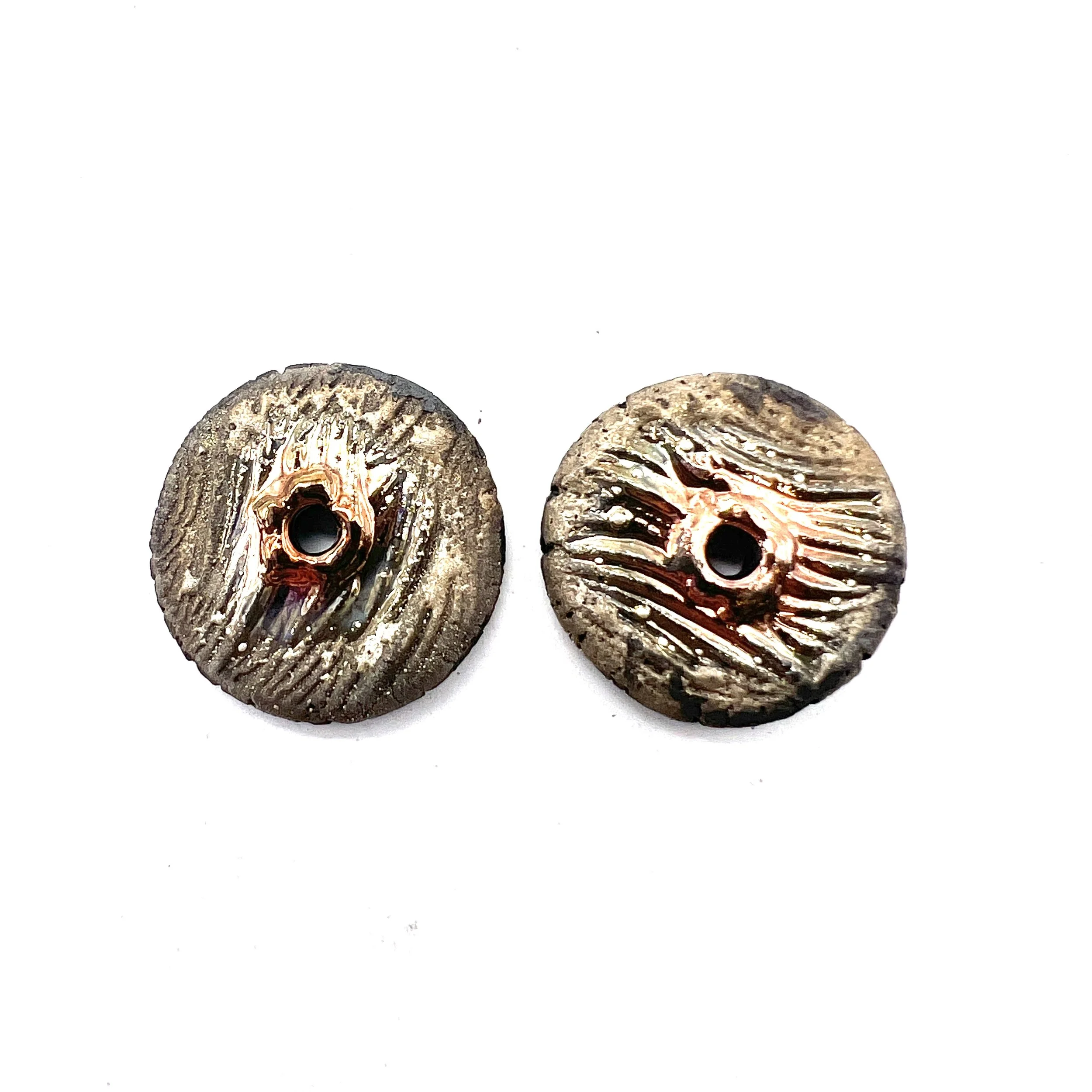 Set of 2 Disc Raku Cabochon Donut Beads Ceramic Jewelry Supplies Handmade by MAKUstudio