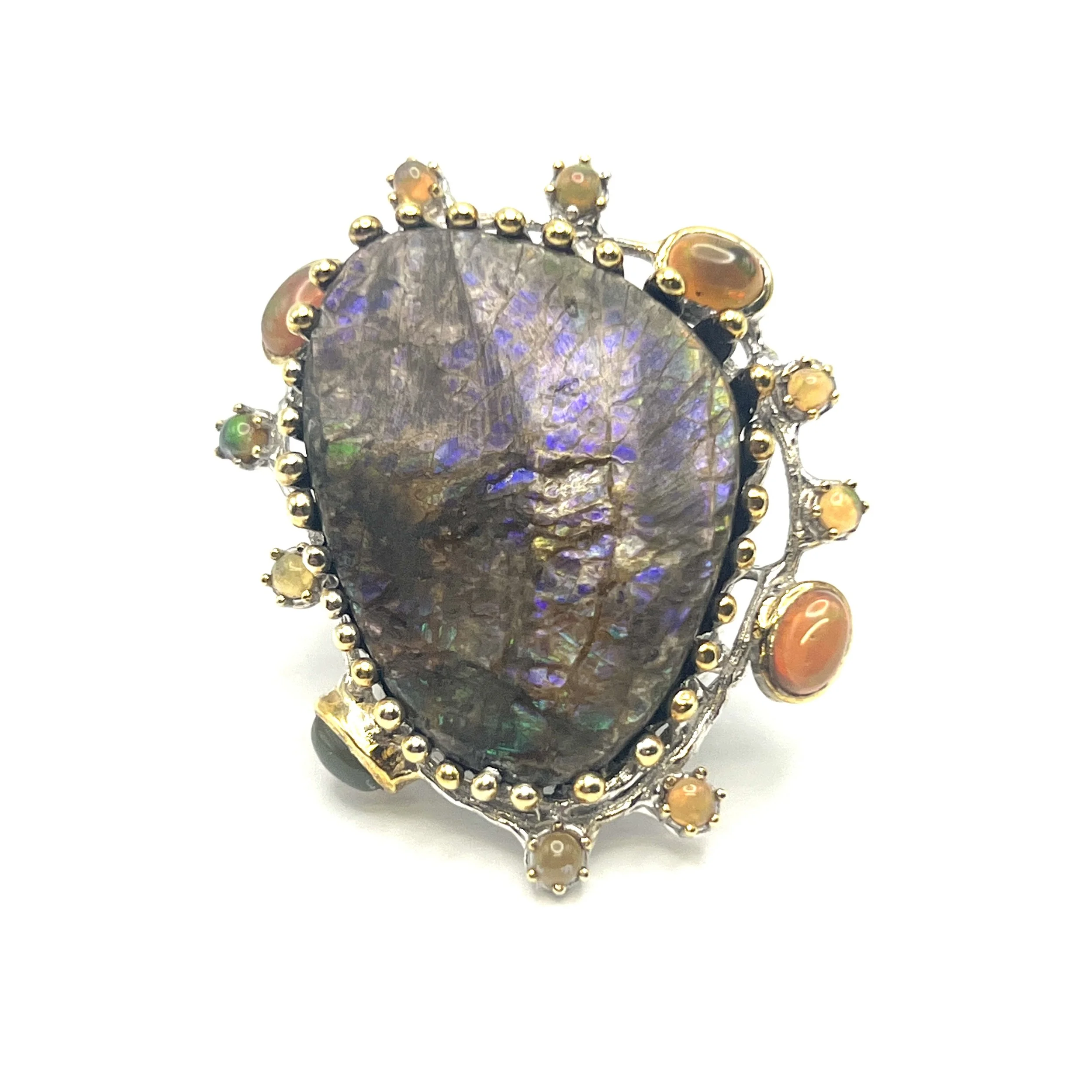Stunning Statement Opal .925 Sterling Silver and 18K Gold Handmade Artisan Ring One of a Kind MAKUstudio MAKU raku