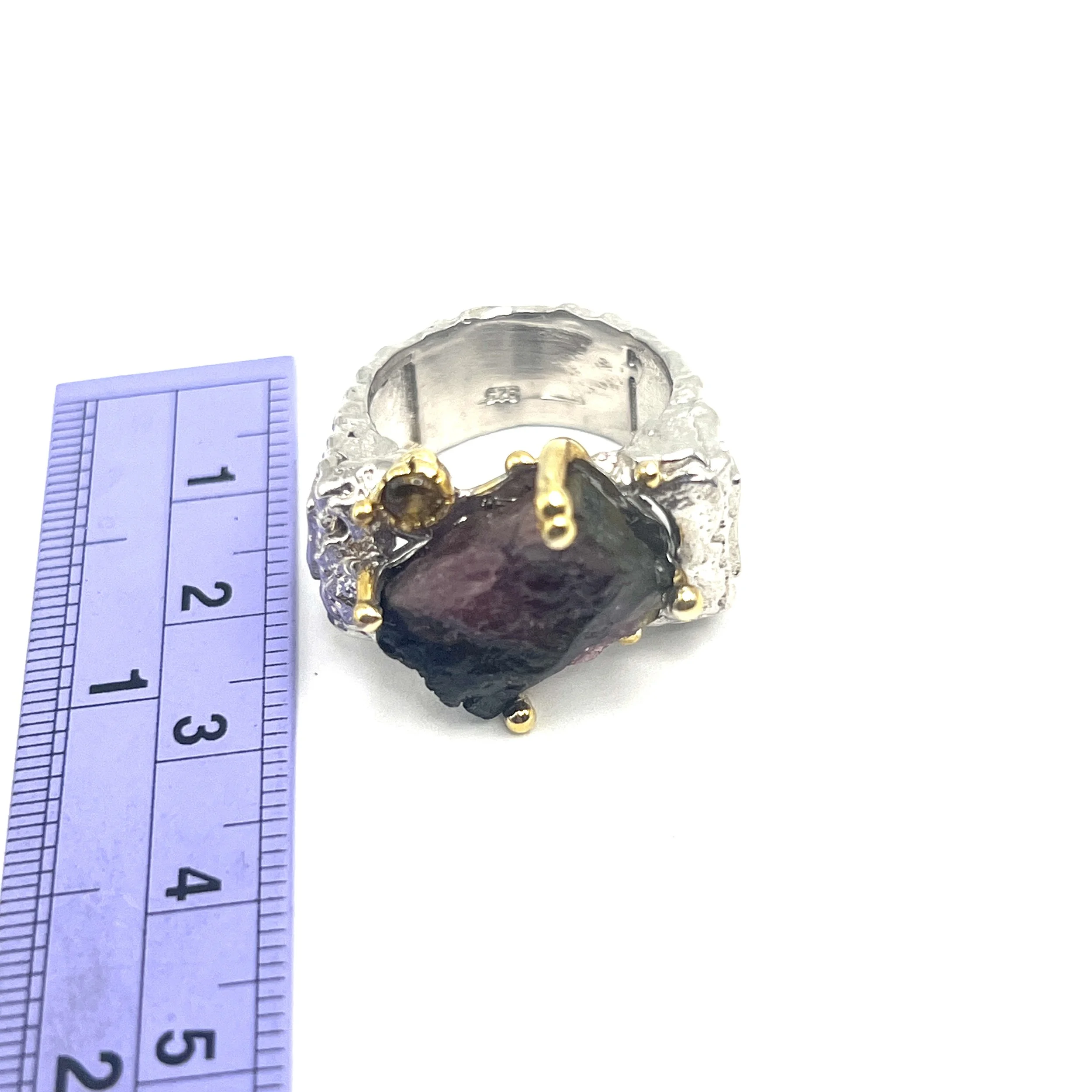 Rough Tourmaline .925 Sterling Silver and Gold and Rhodium Plated Handmade Artisan Ring One of a Kind MAKUstudio MAKU raku