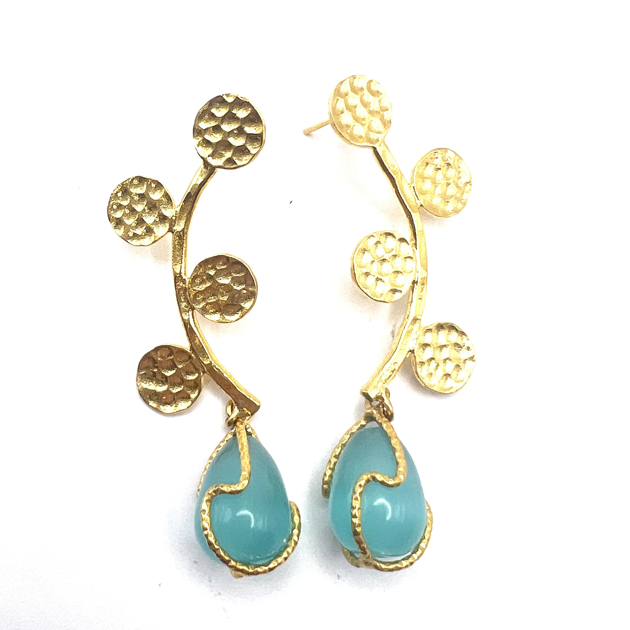 Gold Plant Motif with Blue Accent dangling Earrings Handmade in Turkey MAKUstudio MAKU raku