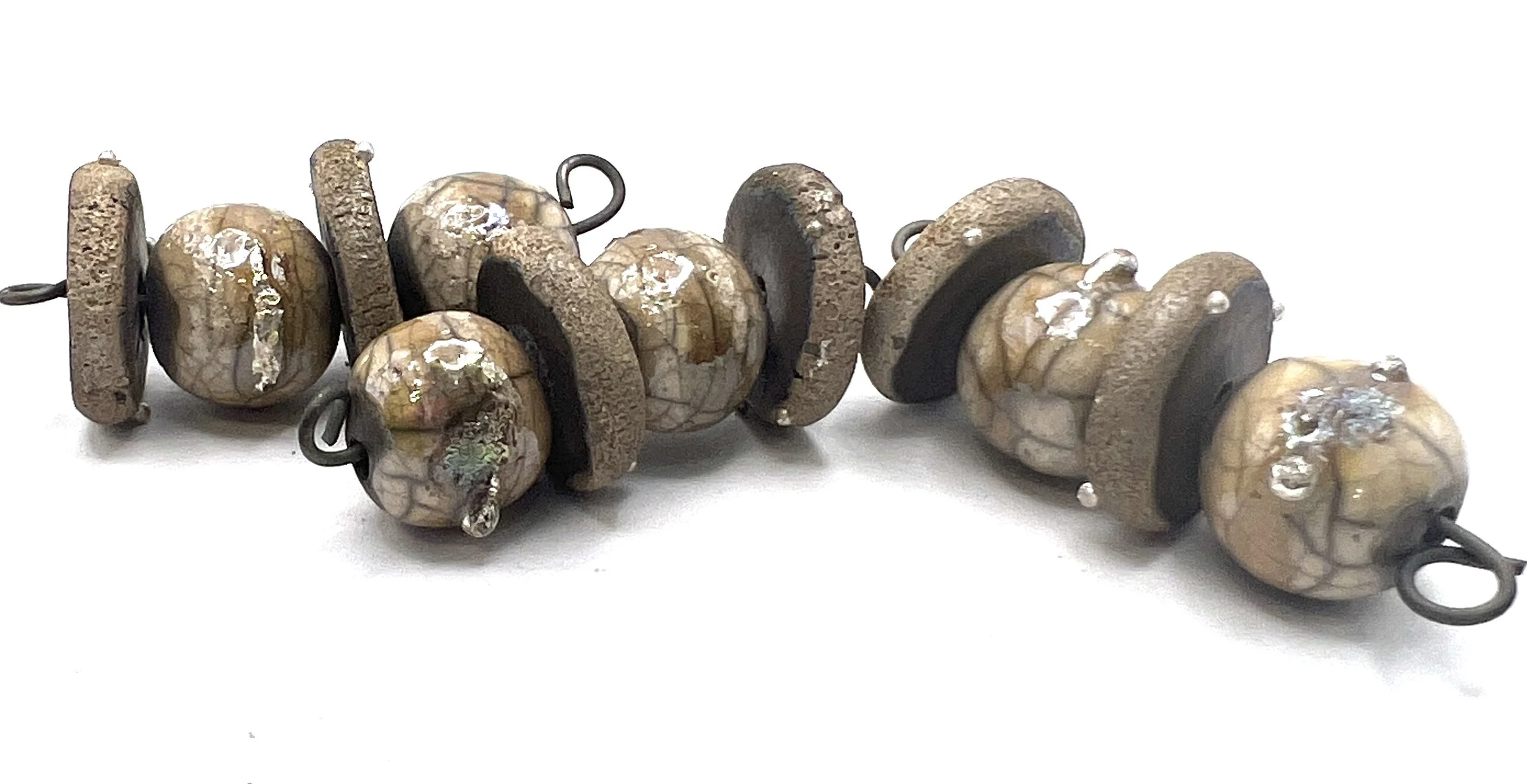 Whte crackle Set of 2 Disc Beads and 2 Round Raku Beads Ceramic Jewelry Supplies Handmade by MAKUstudio MAKU raku