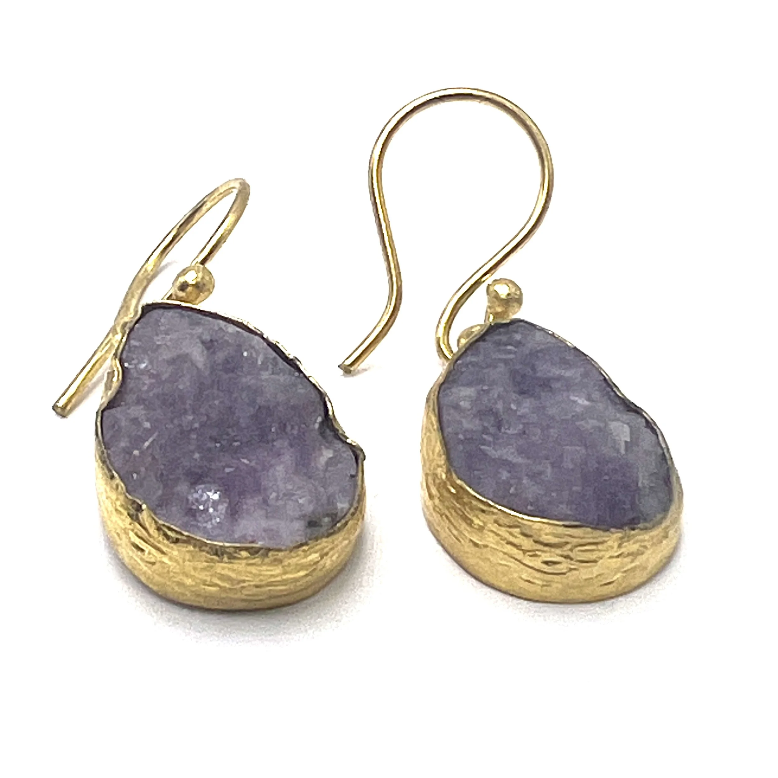Gold Purple Druzy Dangling Earrings Handmade in Turkey MAKUstudio MAKU raku