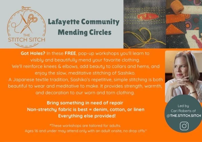 Free mending circle on Sunday, 8/23 after the @lafayettefarmersmarket in @oldtownlafayette, right on Public Road next to @eatsandsweets_otlc 🧡
Sign up at link in bio or just pop on by 🧵✂️🪡

All stitching supplies provided thanks to @oldtownlafayet