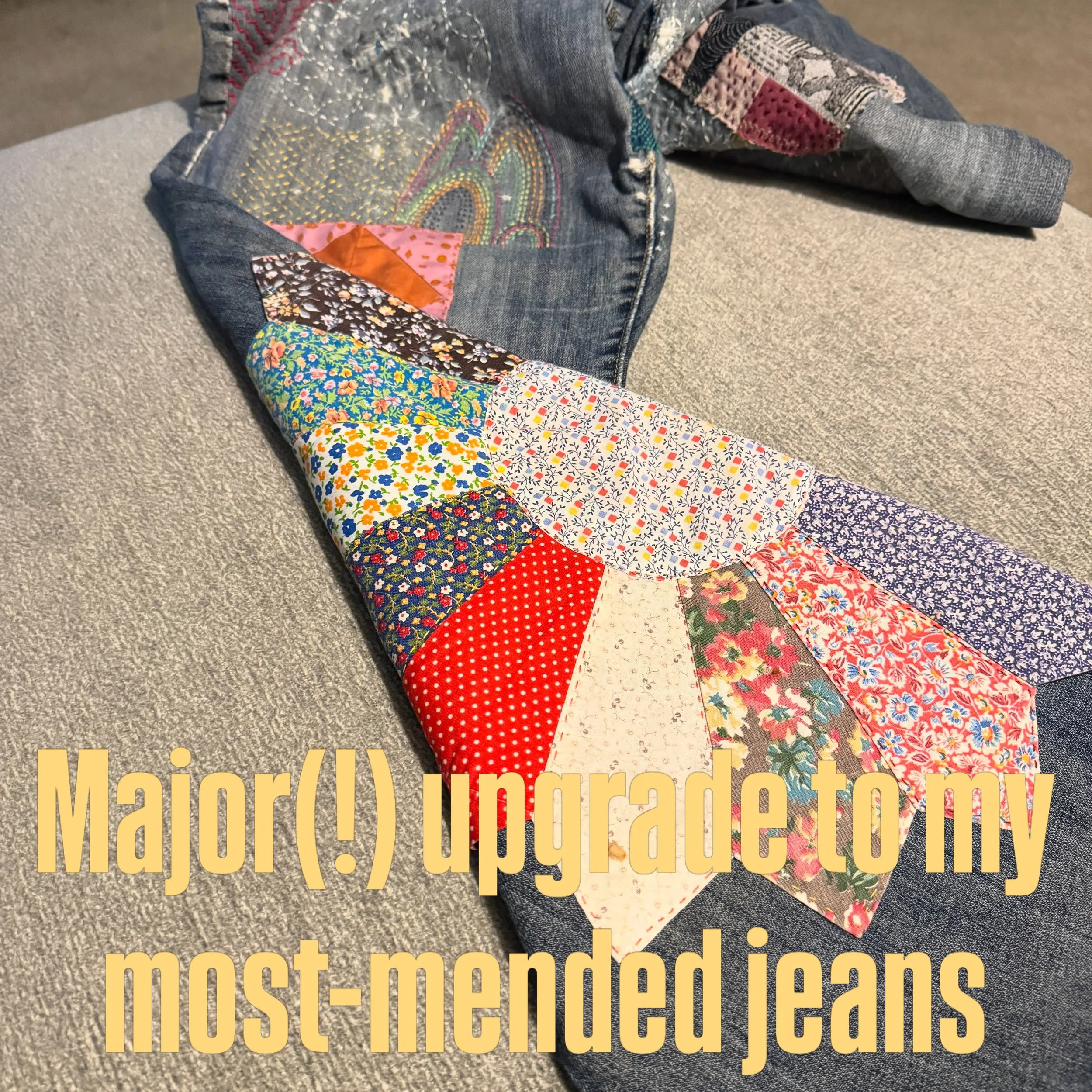 Good thing I have more of these placemats - coming soon to a pair o&rsquo; jeans I can actually wear. 

Wanna see these IRL?  Sign up for Sunday&rsquo;s Lafayette mending circle at the link in bio☝️Would luv to see y&rsquo;all there. 
Sponsored by @o