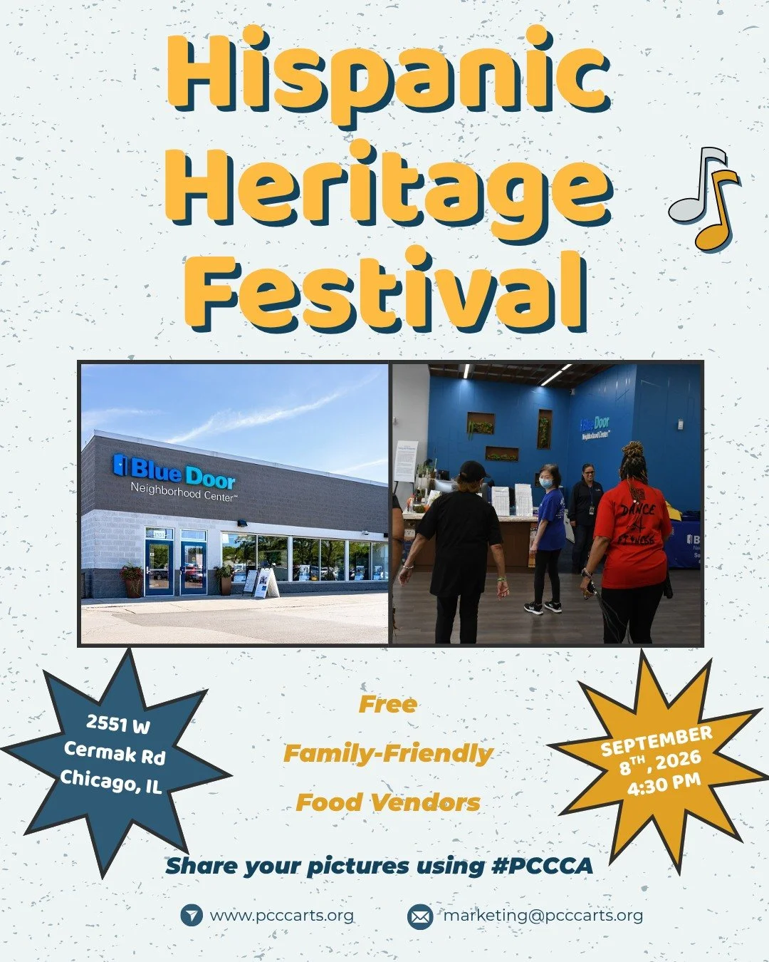 Join PCCCArts at the Blue Door Neighborhood Center for an afternoon celebrating  culture, music, and community! 💃🏽🎺

📅 September 8, 2026
⏰ 4:30 PM
📍 2551 W. Cermak Rd., Chicago, IL
🎟️ FREE &amp; family-friendly!

🎤 Featuring Luis Alfredo and S