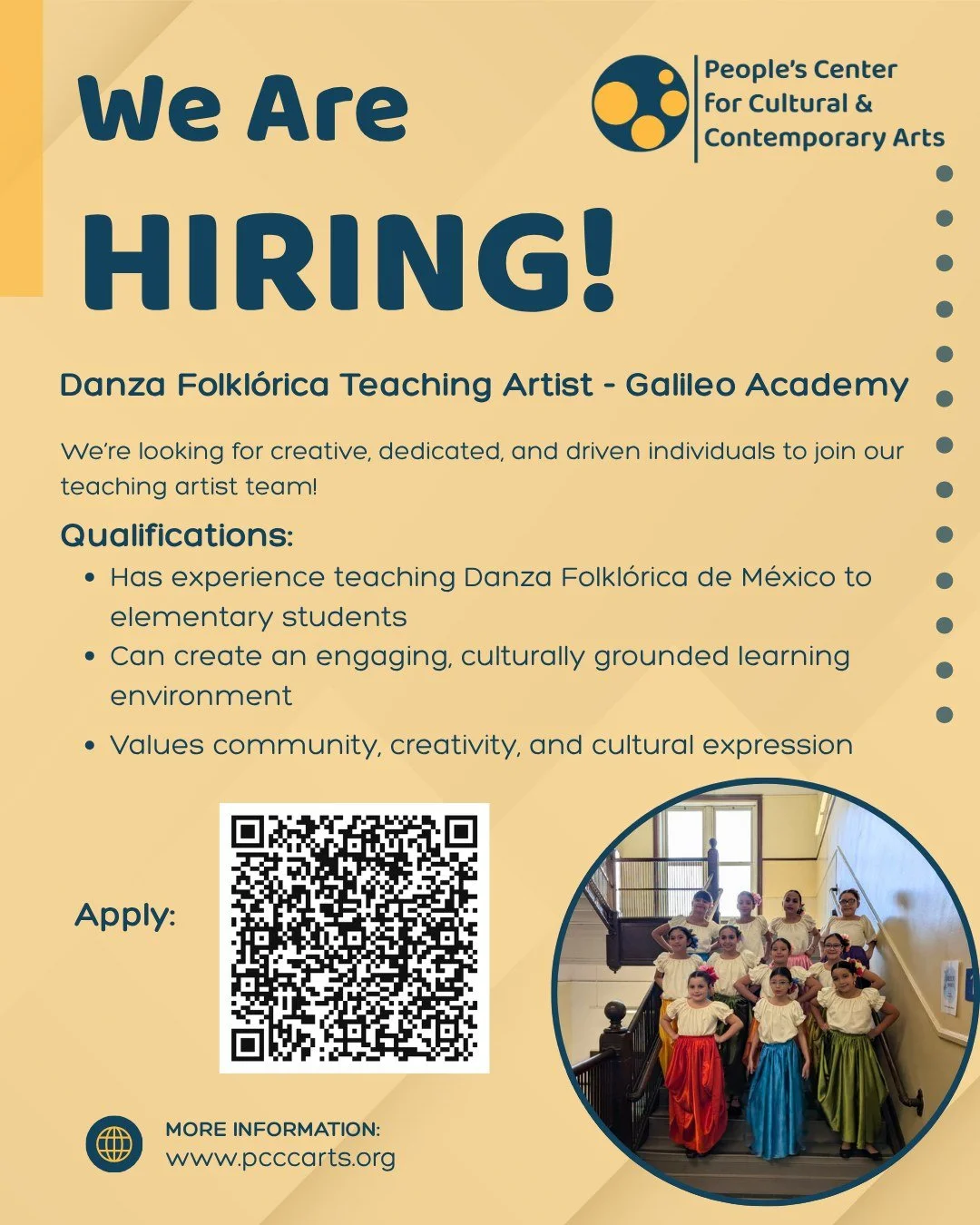 🗣We&rsquo;re hiring! 🗣

PCCCArts is looking for a Danza Folcl&oacute;rica Teaching Artist to join our team at Galileo Academy! 

We&rsquo;re seeking a creative, dedicated, and enthusiastic teaching artist who has experience teaching Danza Folcl&oac