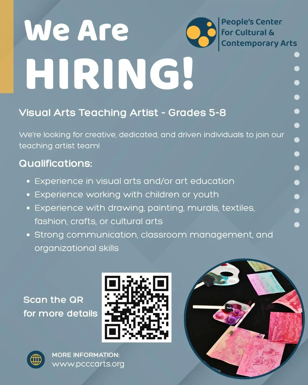 🎨 WE&rsquo;RE HIRING! 🎨

PCCCArts is looking for a Visual Arts Teaching Artist (Grades 5&ndash;8) to join our teaching artist team! We&rsquo;re seeking a creative, dedicated artist with experience working with youth and a passion for visual arts, c