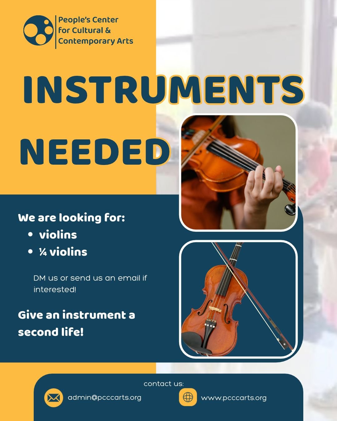 🎻 Have a violin? Help a young musician! 🎶

PCCCArts is seeking full-size and 1/4-size violins to support our students as they learn, grow, and discover the joy of making music. We especially need smaller violins for our youngest musicians!

Have an