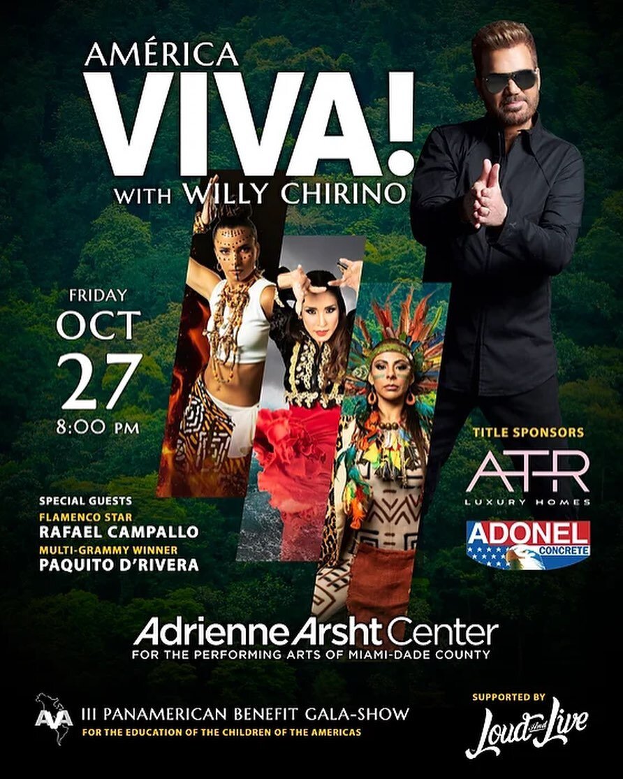 Get your tickets for October 27 at the Arsht Center Am&eacute;rica Viva! Show at the III Panamerican Benefit Gala-Show 
Featuring the New Land Dance Company, the Am&eacute;rica Viva Band and the Miami Children's Chorus
Special guests: 
Salsa icon Wil