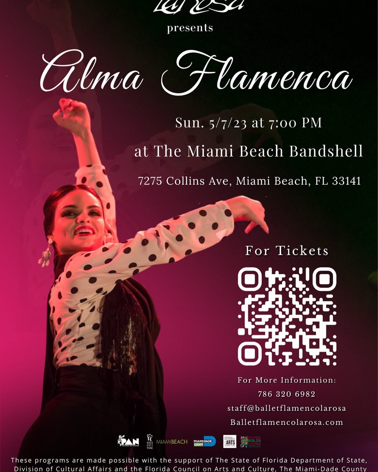 This Sunday 5/7 at 7 pm we recommend the show ALMA FLAMENCA happening at the Miami Beach Band Shell a world Flamenco fantastic music song and dance produced by the Ballet Flamenco La Rosa - 0LE !  For tickets go to www.balletFlamencolarosa.com and al