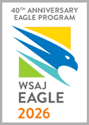 WSAJ Eagle 2026 badge recognizing the 40th Anniversary Eagle Program, featuring a stylized eagle graphic in blue, green, and gold.